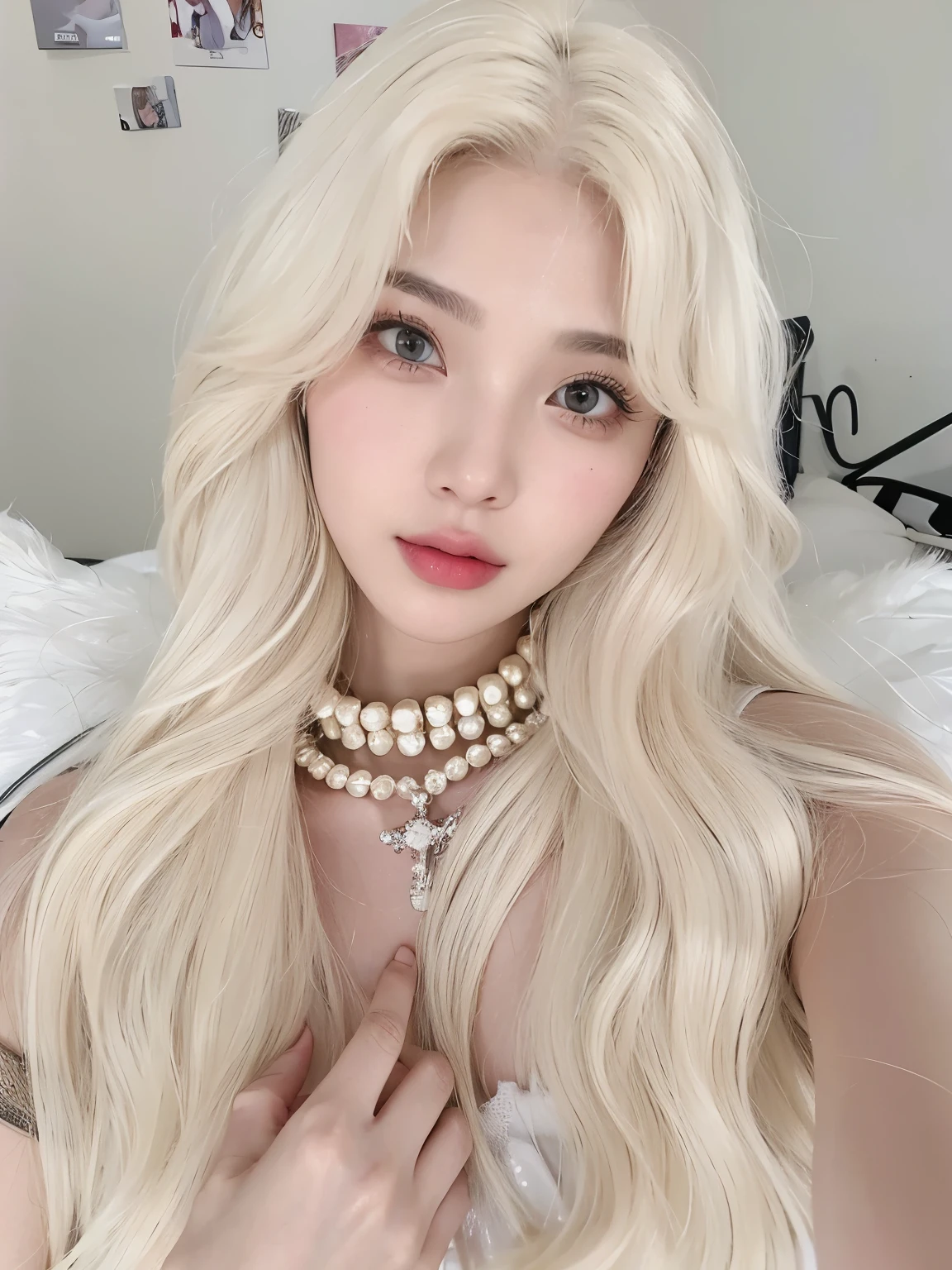 masterpiece, best quality, Girl with platinum curly hair，白金色Long curly hair，Detailed facial structure，pretty girl，Long curly hair，Bangs hairstyle，水波纹Long curly hair发型，
