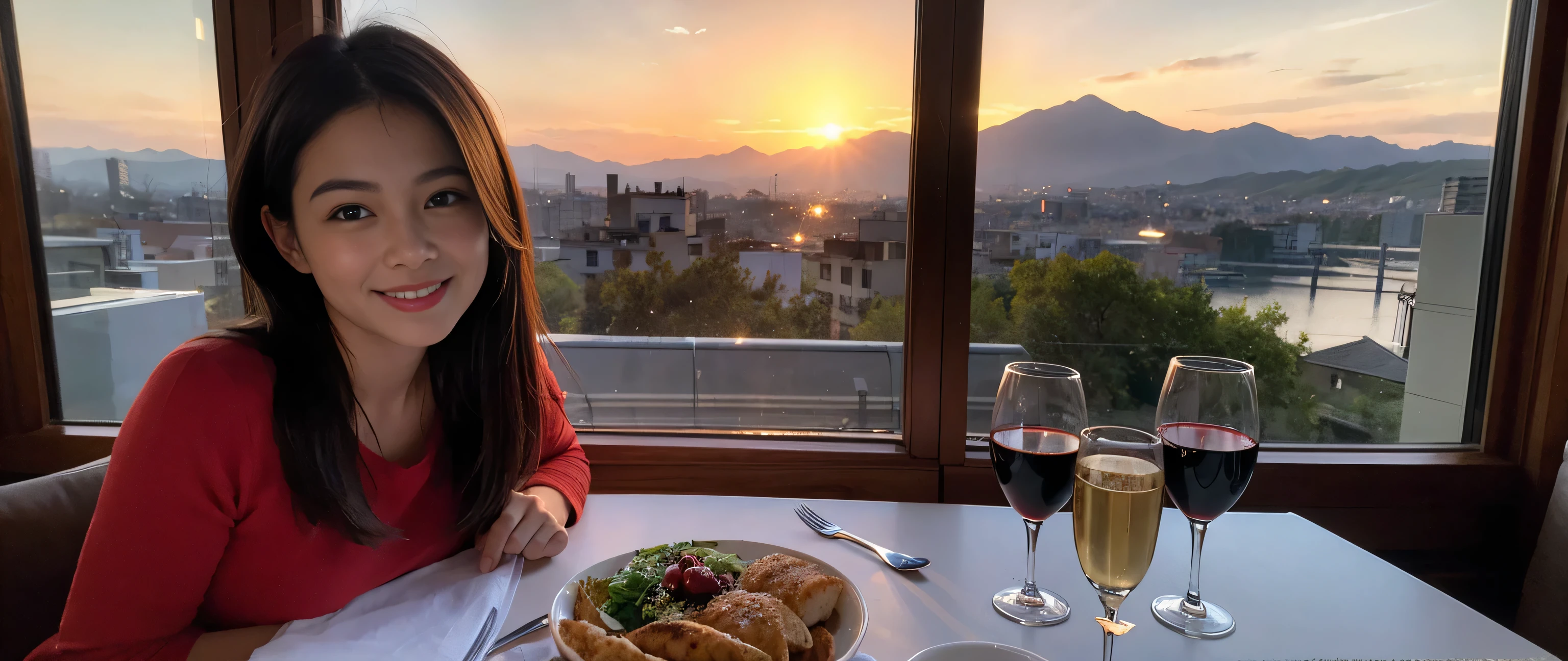 ((highest quality、8k、masterpiece:1.3))、Sharp focus:1.2、Beautiful woman perfect body:1.4、Slim body、((Bob Hale、Straight hair:1.2))、(to be born, highest quality, masterpiece:1.5), (Realistic, Intricate details:1.2), Ultra-high resolution, Please shine a light on my face、Amazing view of the sunset sky and clouds、Amazing mountain views、A bright smile、wine glass、red wine 、Appetizers、Italian food、Wine bottle、Champagne、sparkling wine、, Beautiful Face, blue eyes, The light shines on your face, Blushing, short hair,Bright Face、Fox face、 (36 years old), 39 years old, Lady、Two beauties、Brown Hair、Shortcuts、Long sleeve shirt、dress、Pretty Woman 1, (Slim face), (The body is slim), (Brown Hair), (Shortcuts), cheeks turn a little red,Attractive beauty、, Out of the window, A beautiful and detailed night view unfolds.........., restaurant, In a prominent place (From the waist up) Nova Frog Style, actress, model, Upper Body, White wine, slim, wine glass, A wine glass placed in the middle, smile, (smile: 1.15), Beautiful fine grain, Depth f/2,saturation, High Contrast, Strong light and shadow,Moist Body:1.5、3D texture、Delicate eyes、Brown Hair、The hair is very shiny、