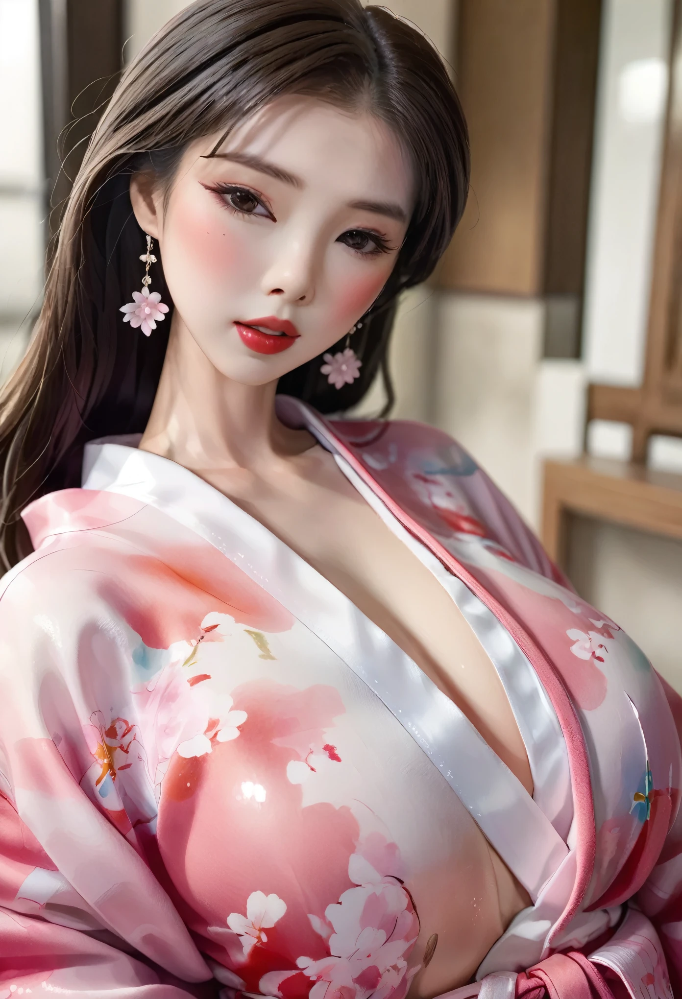 (masterpiece, best quality: 1.2),Barbie doll,，colloid， Sexy eyes，The expression of a kiss，Wet pink and white sexy lips， colloid皮肤，Slim body，earrings（（Watercolor pattern kimono）），full-body shot