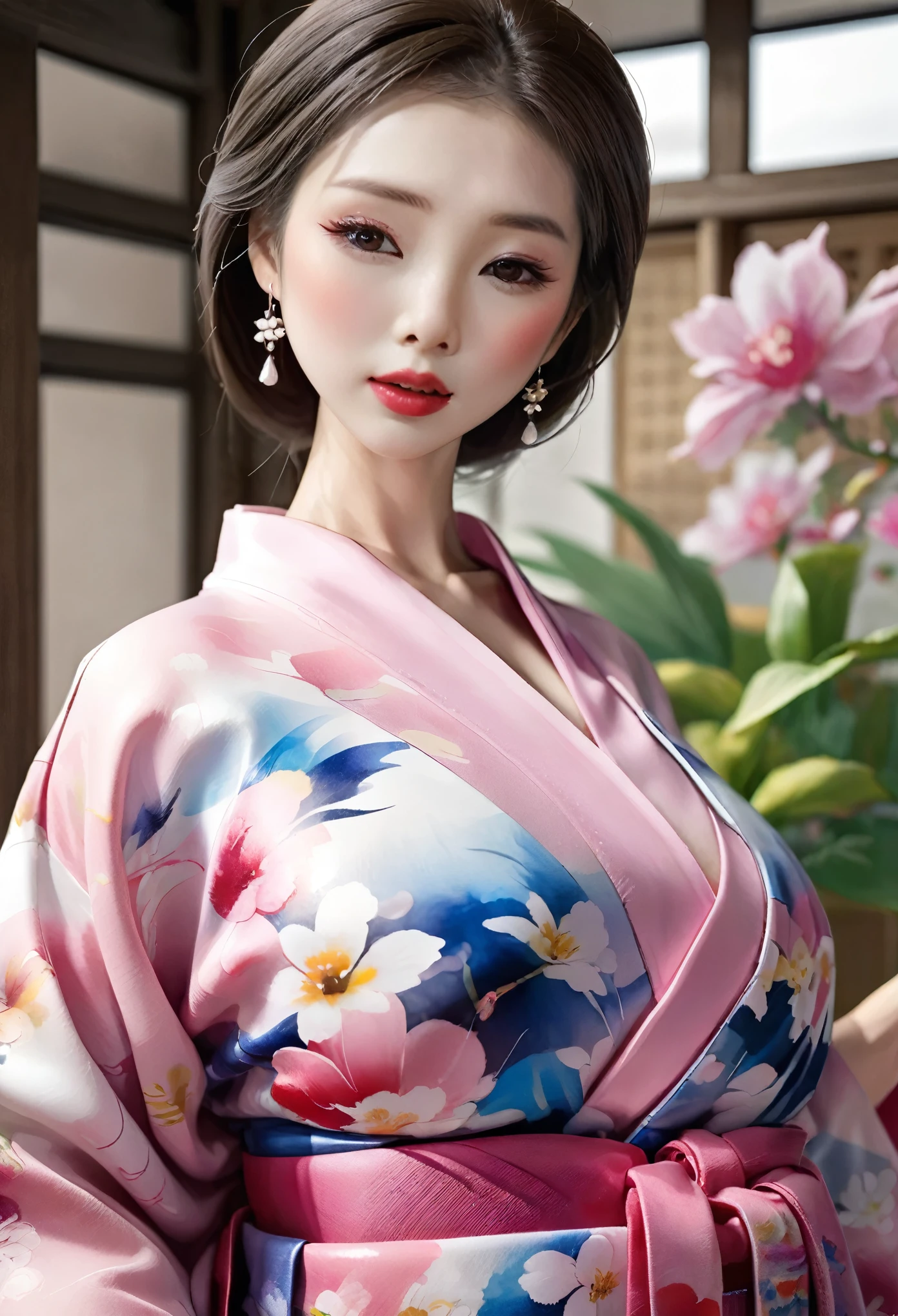 (masterpiece, best quality: 1.2),Barbie doll,，colloid， Sexy eyes，The expression of a kiss，Wet pink and white sexy lips， colloid皮肤，Slim body，earrings（（Watercolor pattern kimono）），full-body shot