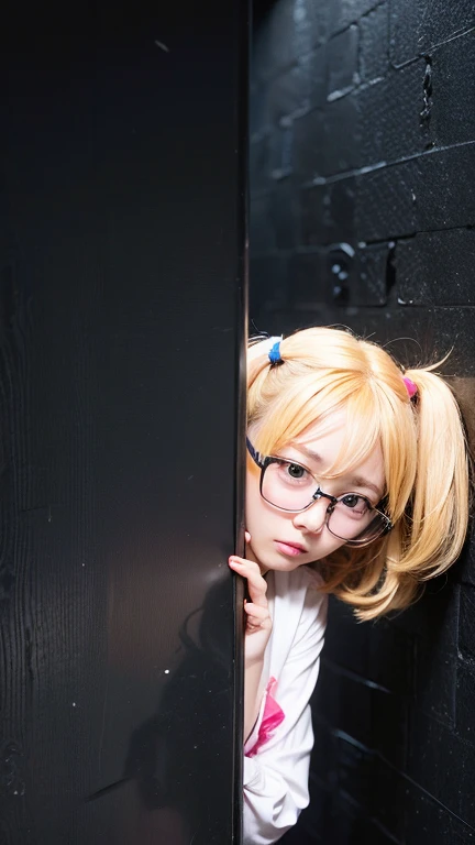 Cute girl with glasses peeking out from behind a black wall, Cosplay of yayoi kasuma,visual of a cute girl.