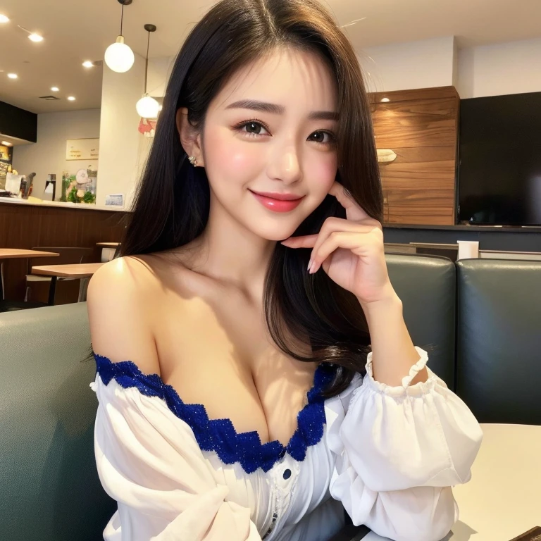 ,(tareme:1.3),,kind eyes,huge breasts,(beautiful japanese woman),pointy nose,straight hair,look at viewer,off-the -shoulder,blouse,shiny skin,cleavage,fellatio gesture,sitting on sofa at cafe,21 years old,tender smile,(no make-up:1.3)
