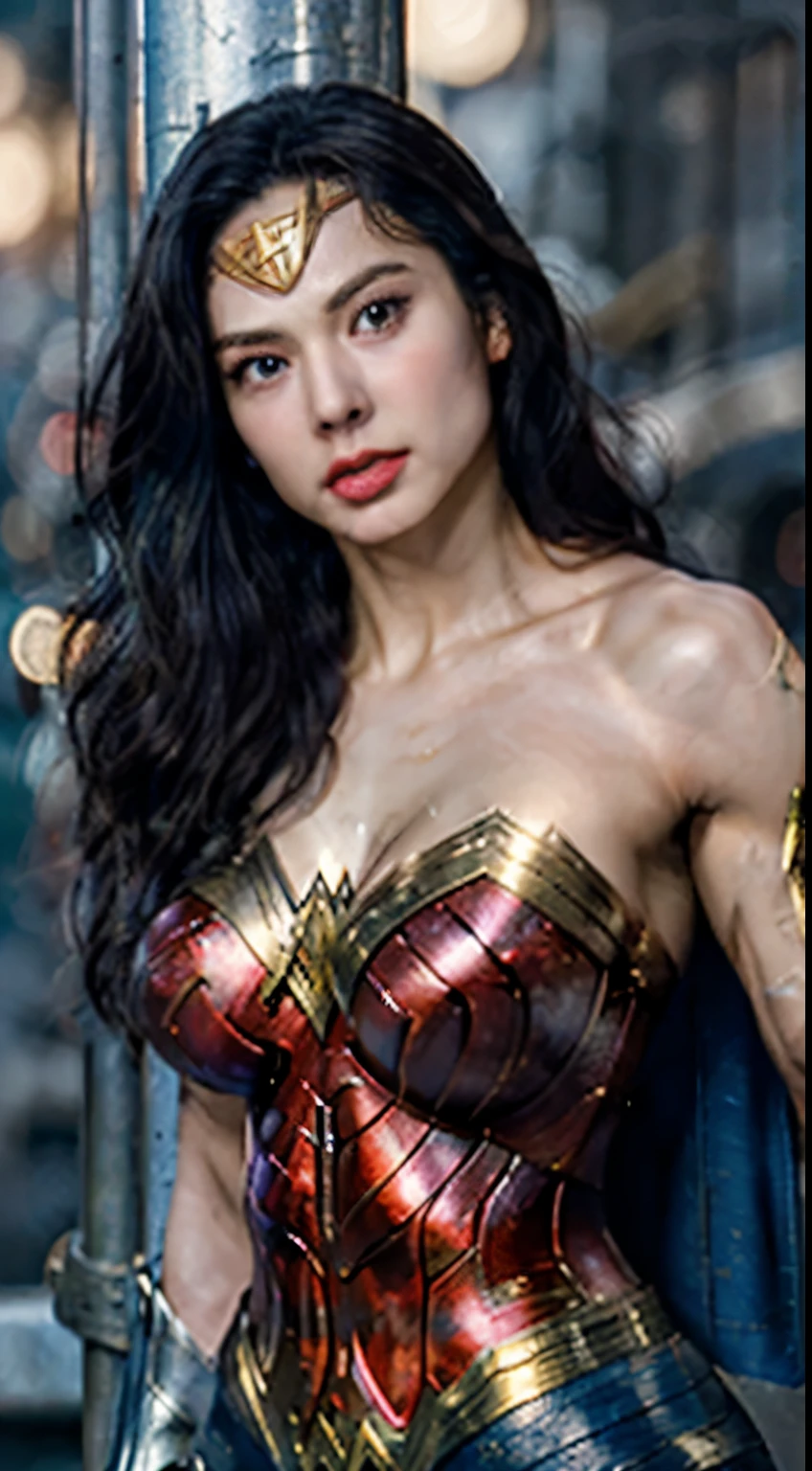 8k , Realistic , ((masterpiece:1.1)) , 20 Yearsold , Wonder Woman Detail Costume , ((breasts:1.3)) , ((muscles:1.4)) , Armpits , Sweaty Body , Extremely Detailed , Chaos City Background , Look to Viewer , In Action , 2 Hand Hanging on an Iron Pole , Wonder Women Mech Sword , ((roundbokeh:1.2))