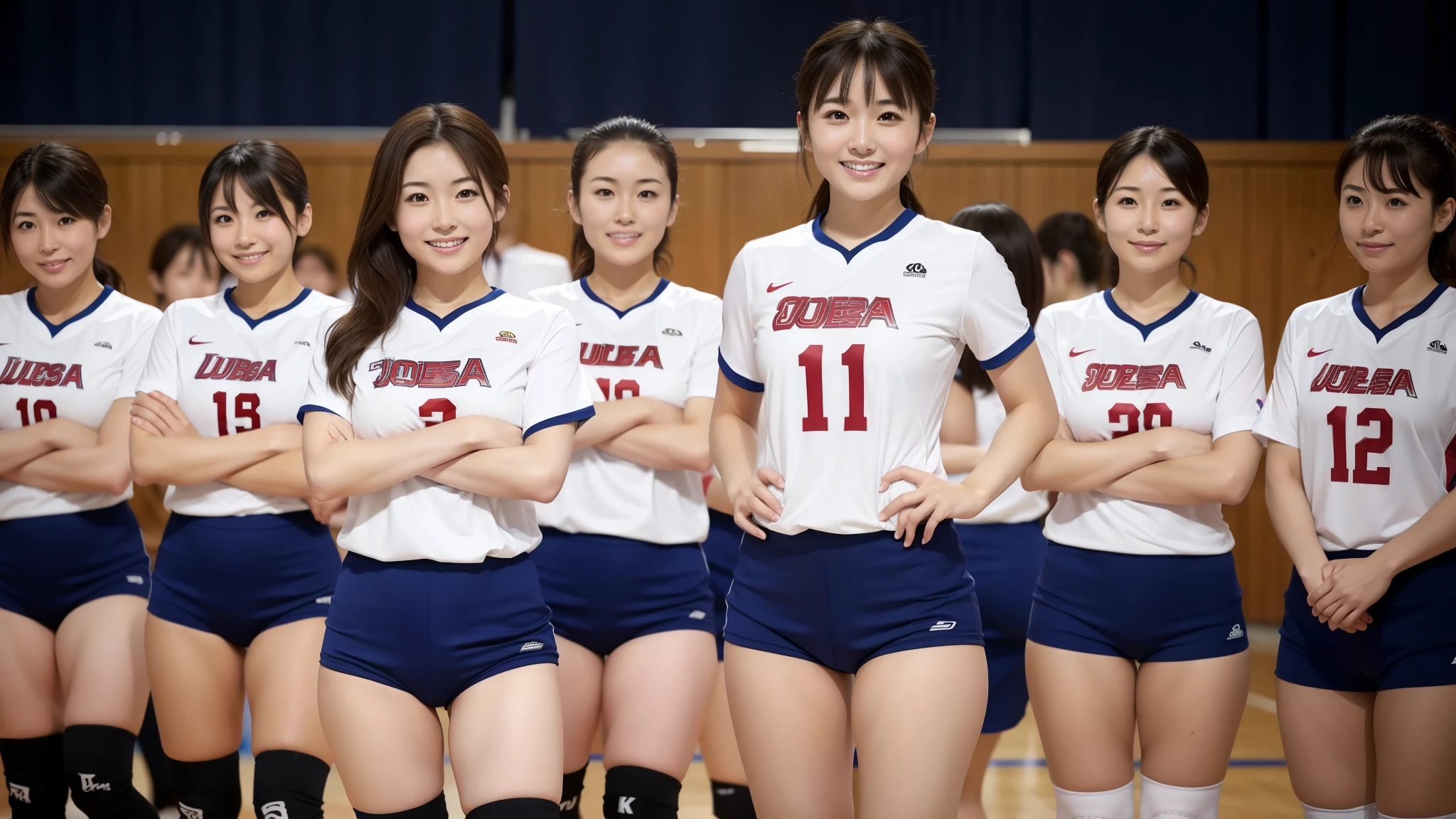 ((Highest quality)), ((masterpiece)), (detailed), volleyball uniform,Japanese women,((Mature Woman)),Middle age,45 years old,((3人のMature Woman)),(((Three Women))),Three Women,Three people side by side,Gymnasium background,Beauty,Beautiful face,Cute face,Realistic and natural live-action,whole body,