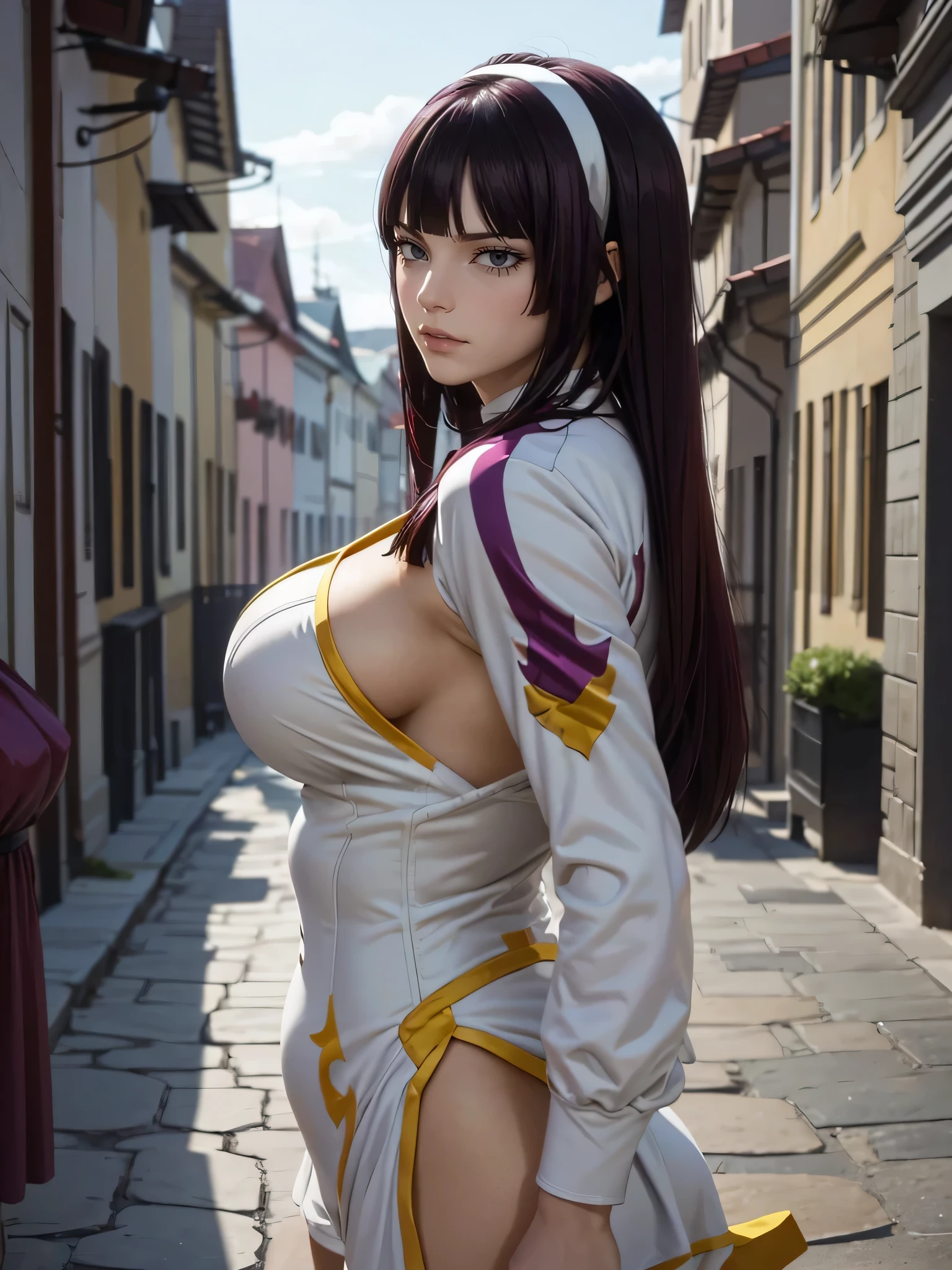 8K, Best quality, masterpiece, ultra high resolution, (realism: 1.4), original photo, (Realistic skin texture: 1.3), (granularity: 1.3), (Selfie angle), (30 years),woman , Kagura Mikaduchi,long violet hair,Hime,(Beautiful yellow eyes and facial details), masterpiece, Best quality, Close-up, upper body,( huge pectoral muscle) ,bodysuit,blue,I look at the viewer