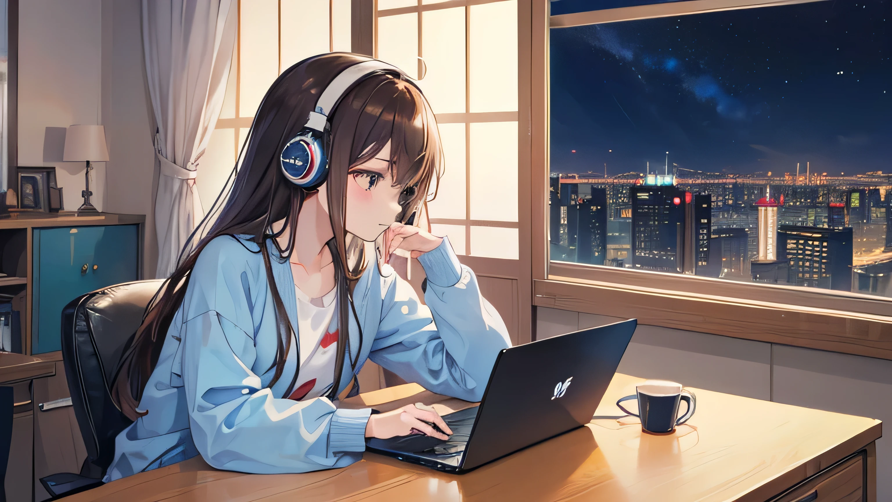 figure, Japanimation Style, super high quality, night, Crescent Moon, Tokyo, Japanese, Brown Hair,、Light blue loungewear, machine、cute, beautiful girl, whole body, profile, My Room, Machine by the wall, sitting on a chair looking at a laptop, The laptop screen is slightly visible, Coffee cup on the machine, Listening to music through headphones, The window is open, The light from the desk lamp above the machine,