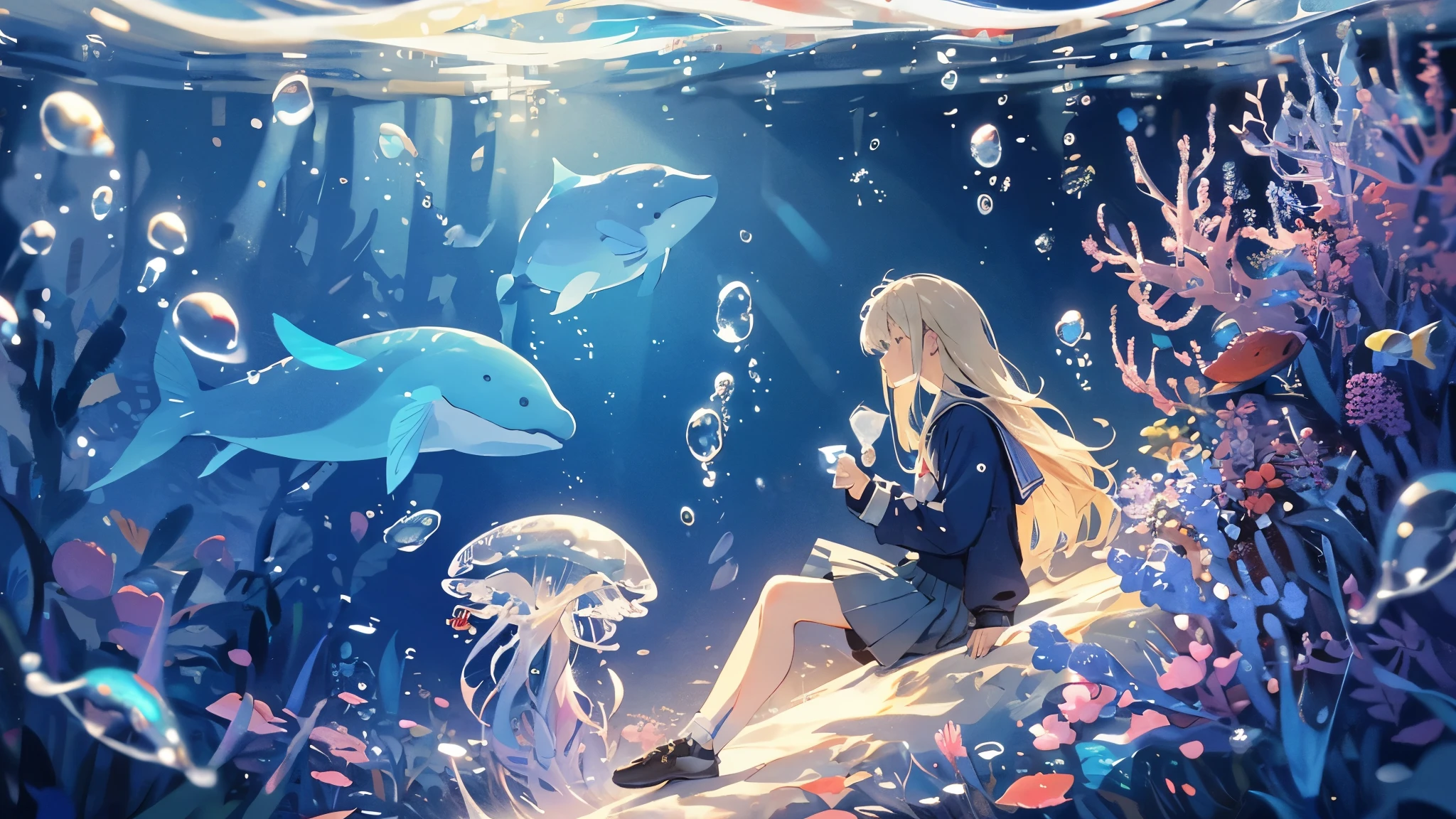 (masterpiece:1.3),(highest quality:1.2),8k,Confused,unity 8k wallpaper,(Very detailed:1.3),the best,High resolution,wonderful,shape,Beautiful studio soft light,Stunningly beautiful,incredibly Confused,Crisp details,Cinema Lighting,Moody lighting,Pixiv,Awards, Professional, Very detailed,Face in perfect detail,14 years old、
transportation facilities_Against_window, 1 girl, alone, Colorful long blonde hair, skirt, Long sleeve, Sitting, , Gray Hair, pleated skirt, shoes, serafuku, fish, bubble, Blue Theme, (Underwater:1.2), (air bubble:1.3), Inside the train, (Surreal:1.2), (jellyfish:1.2), (whale:1.1),(fish:1.2),Blurred foreground,