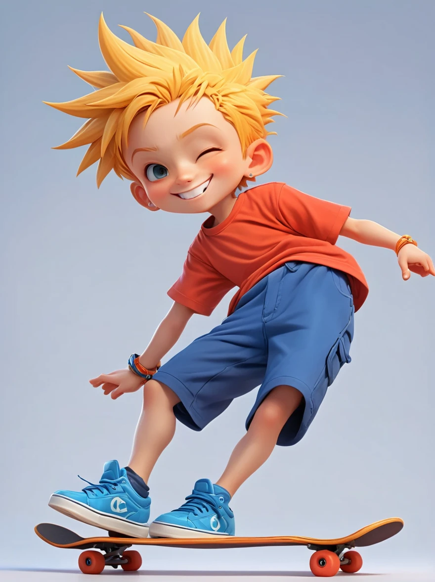 A cartoon character, best described as a playful young boy with spiky yellow hair, wearing an orange t-shirt, blue shorts, and red shoes. He possesses a mischievous grin that often accompanies the troubles he ignites in his unnamed town. He's known for his skateboarding skills and a nonchalant attitude,3D Rendering,Solid color background,chibi anime,Surrealism, Cartoon Style, full-body shot, Super Detail, Anatomically correct, masterpiece, precise