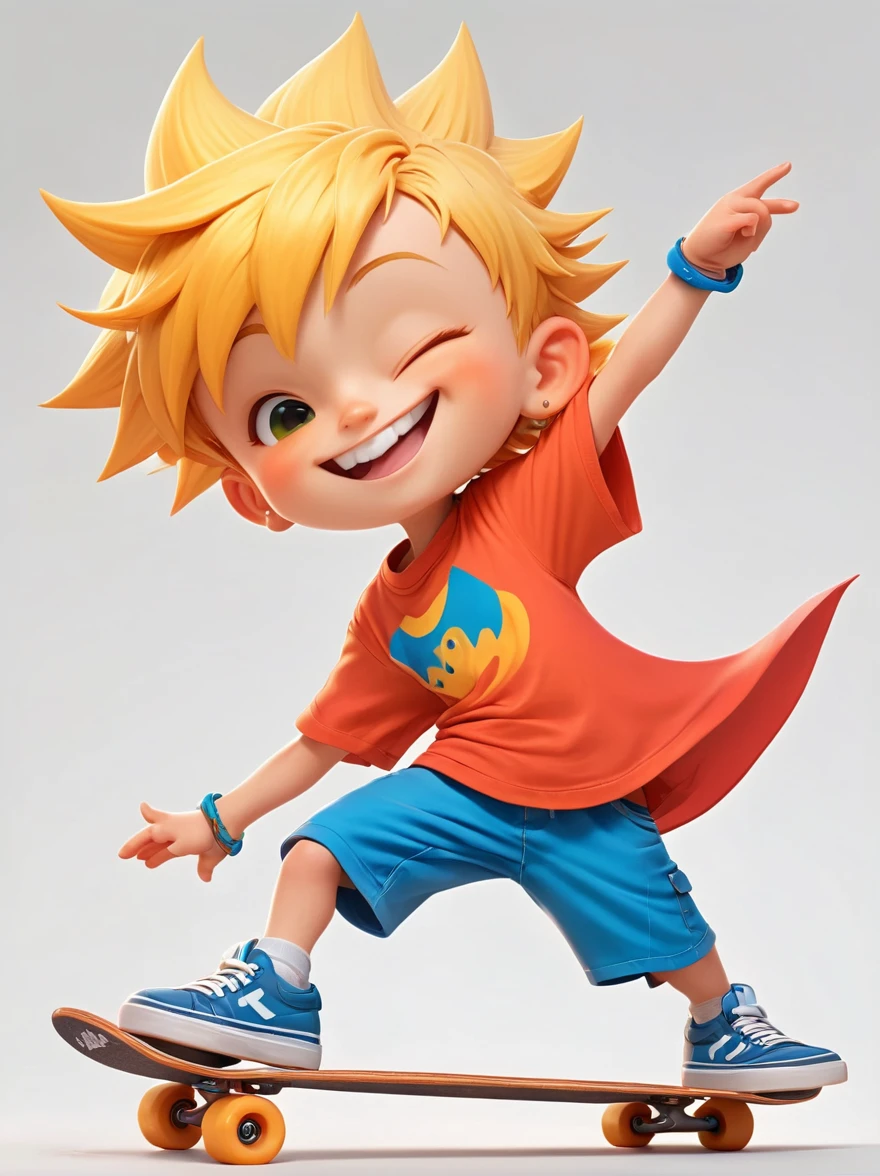 A cartoon character, best described as a playful young boy with spiky yellow hair, wearing an orange t-shirt, blue shorts, and red shoes. He possesses a mischievous grin that often accompanies the troubles he ignites in his unnamed town. He's known for his skateboarding skills and a nonchalant attitude，3D Rendering，Solid color background，chibi anime，Surrealism, Cartoon Style, full-body shot, Super Detail, Anatomically correct, masterpiece, precise