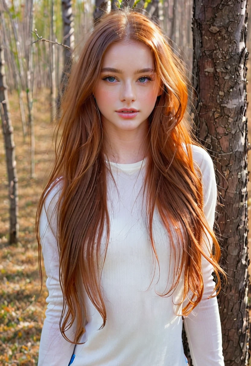 solo, very detailed, detailed face, very long hair, picture of a beautiful young woman, dasha_taran, sfw, ((natural orange hair)), beautiful natural blue eyes, High Definition RAW Photography, 16k photography, (full body), standing, delicate facial features, pretty face, detailed full body, visible from head to toe, zoomed out full body photography, detailed natural background, perfect body, athletic body