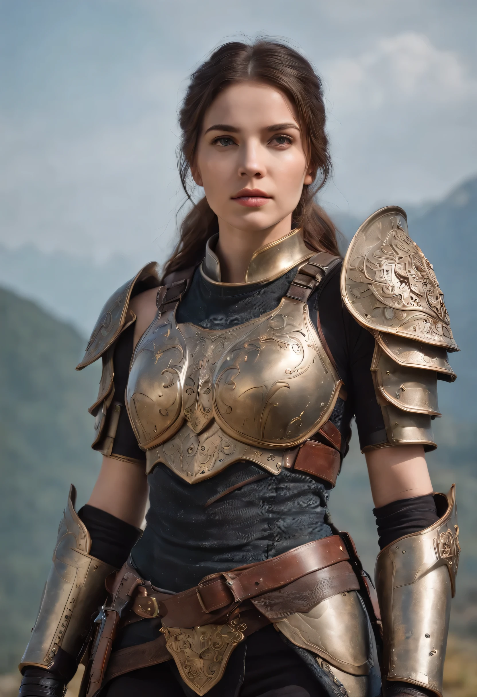 1 powerful girl with upgraded armor and horrible background, List of equipment on the right side and their abilities also mentioned, 8k hd