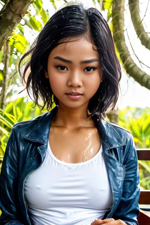 Young sweet beautiful Indonesian girl, 22 years old, slim body, bright beautiful eyes, georgeus face, wet wavy black  short hairs, wearing wet  long sleeve unbuttoned thin jacket, wearing wet white see through tranparent tank top strict t-shirt, wearing wet white  shortpanty,  no bra, realistic, very detail, no cartoon, all fingers have normal shape, falling up side down being punished  elctrocuted using very high voltage on electrical chair, grimmaced very painfull face, shocked eyes,  shounting open wide mouth, 