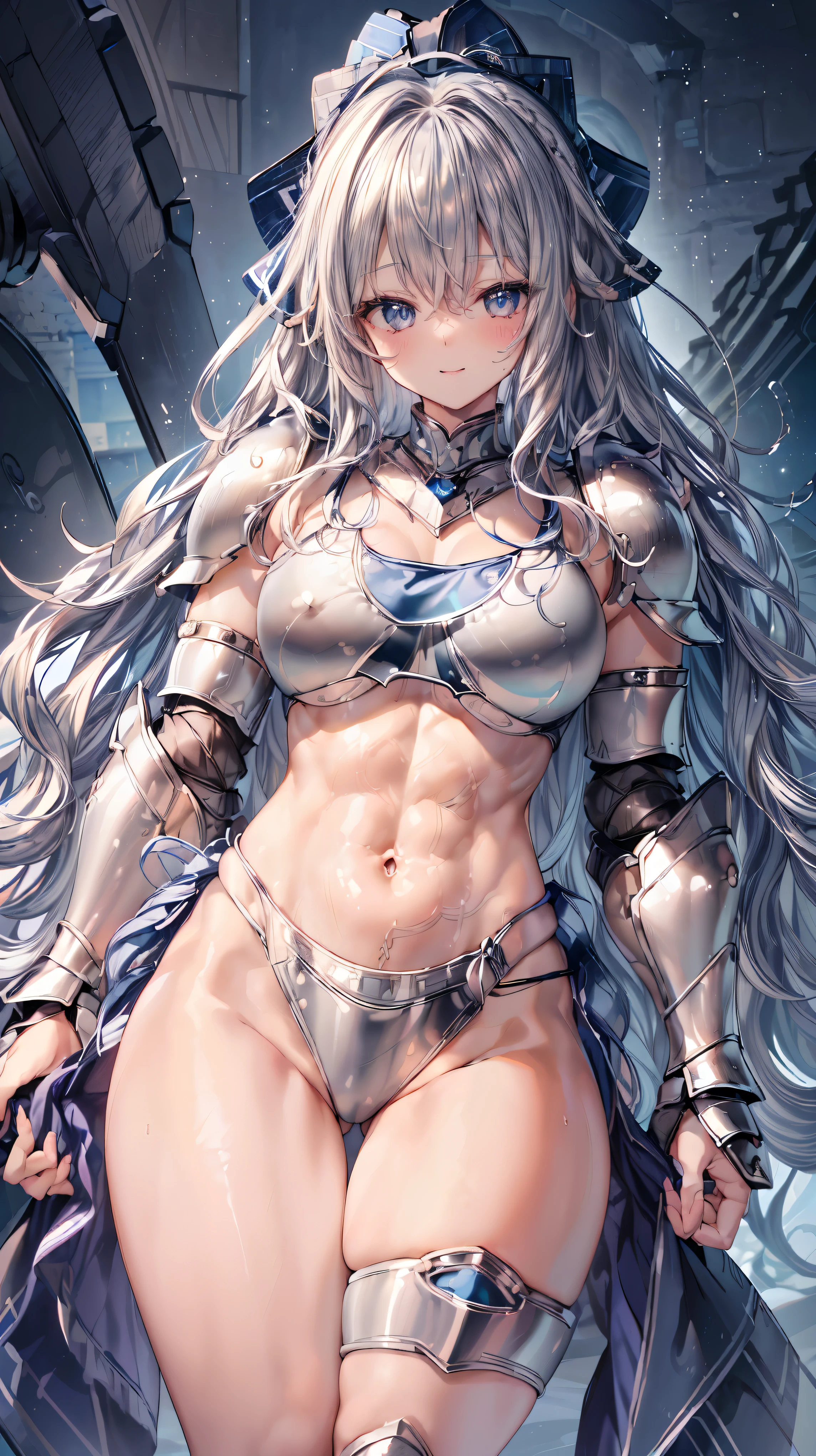 Very detailed、highest quality、Best image quality、masterpiece、8k、Anime Face、A kind smile、Open your mouth、Sparkling blue eyes、(Silver wavy hair:1.5)、、Muscles of the whole body、camisole、Thigh belt、mini skirt、(Wearing bikini armor:1.5)、(Cowboy Shot:1.5)、(Leg armor:1.5)