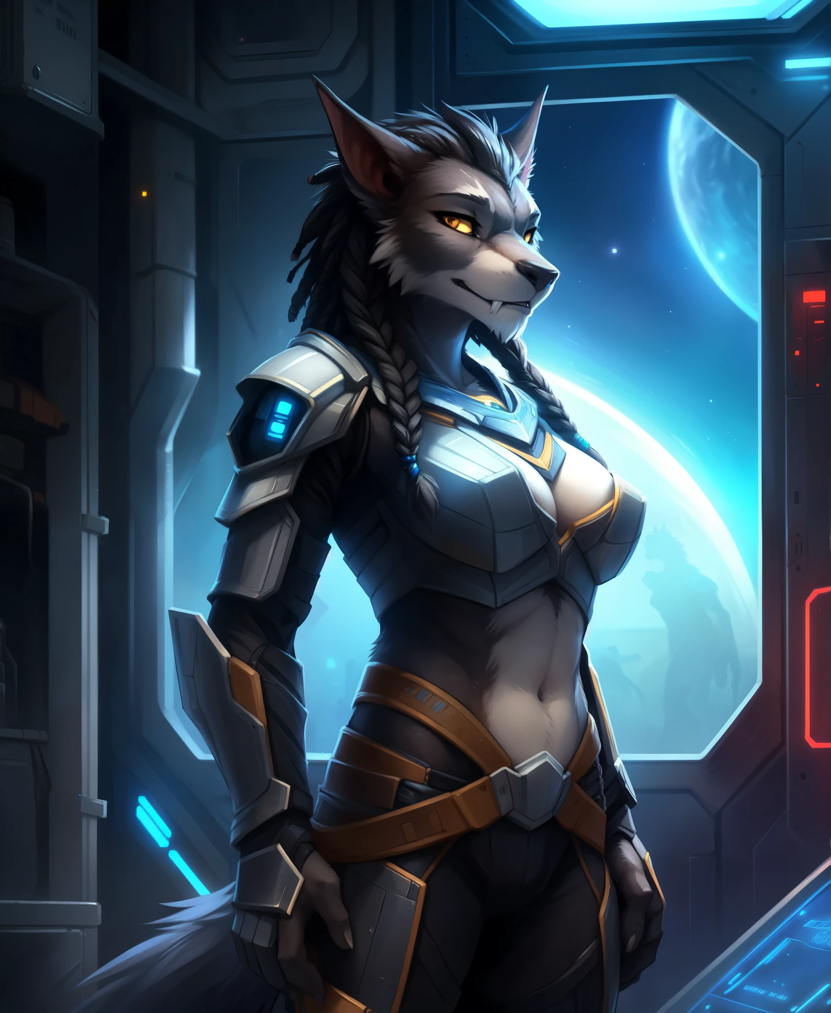 uploaded on e621, (by dagasi, by smitty g),by tom fischbach, by fluff-kevlar, by Eternity-Zinogre, by Tarakanovich, by Muhut, by wolfy-nail, (by kenket), by ross tran, by michael & inessa garmash, by pino daeni, by isvoc, by kiguri, by alena aenami, by ruan jia, (by zenthetiger, by wolfy-nail), by Enki Bilal, by drmax, by cutesexyrobutts, by hioshiru
solo (adorable anthro (worgen:1.3) girl), big round breasts, (cornrows, braids:1.4), looking at viewer,
(cyberpunk armor:1.3),
((three-quarter portrait)),
BREAK,
((standing at space station, laboratory, sci-fi)), (space, starry, neon light),
(detailed background, depth of field, half body shadow, sunlight, ambient light on the body),
(intricate:0.7), (high detail:1.2), (unreal engine:1.3), (sharp focus:1.1),
[explicit content, questionable content], (masterpiece, best quality, 4k, 2k, shaded, absurd res)