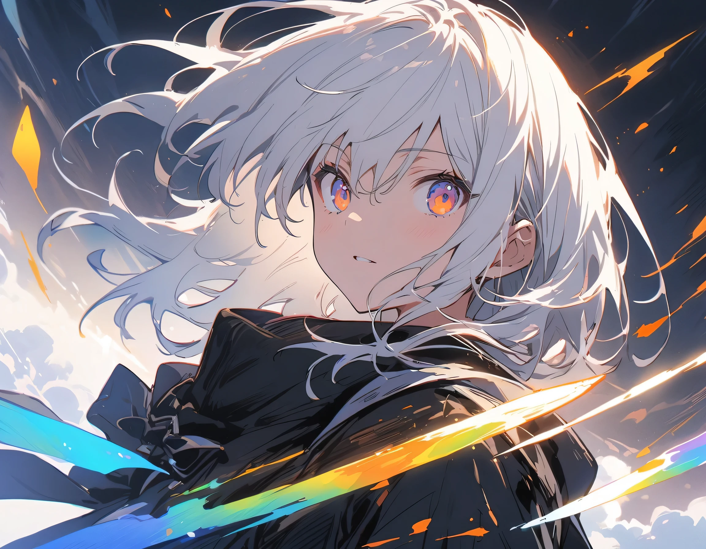 (Partial Mosaic, White Hair Girl, knife), Grayscale Shades, sketch, Minimalist Style, Monochrome background street art、(highest quality、masterpiece、High resolution、detailed)、anime style、Flat Style、(eyes shining iridescent colors illuminated light,Beautiful Face),  BREAK,Dynamic Angle、extremely detailed、anime