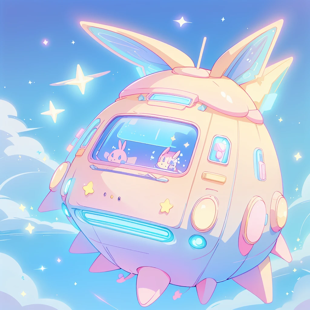 A futuristic flying star-shaped pastel-colored vehicle、❤、★、❤★❤🐇wing、Spaceship、kawaii tech,No people、rabbit