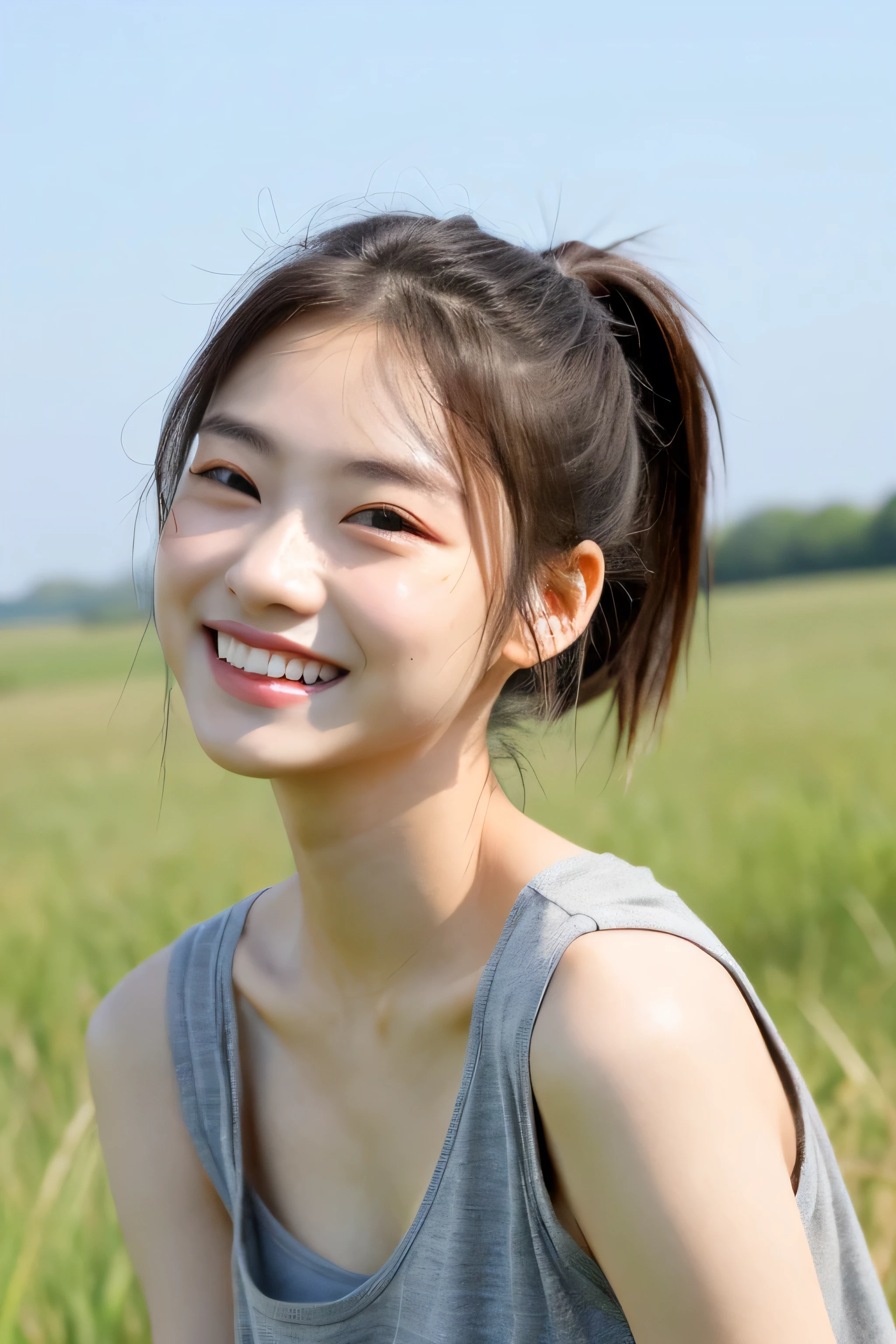 Single tail、Ponytail、Half Length、girl、20 years old、high resolution、Smile、Looking dull、Background grassland、Vest、Glossy lips、contour、Korean