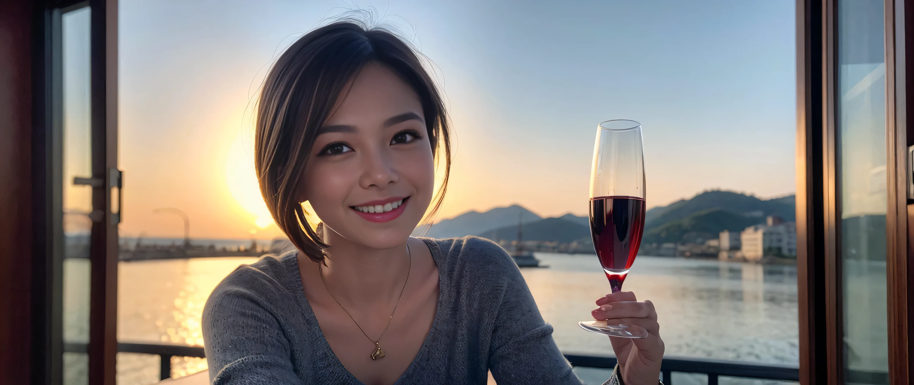 ((Highest quality、、masterpiece:1.3))、1 male、1 female、37 years old 39 years old、Slim Beauty、Beautiful couple、Upper Body、smile、 (Slim face), (the body is スリム), (Brown Hair), (Shortcuts), テーブルのフルコースディナーとwine glass、Amazing view of the sunset sky and clouds、smileの美しさ、Wine bottle、sparkling wine、Long sleeve shirt、dress、White wine, red wine, wine glass, Beautiful fine grain, Depth f/2,saturation, High Contrast, Strong light and shadow,Moist Body:1.5、3D texture、The hair is very shiny、