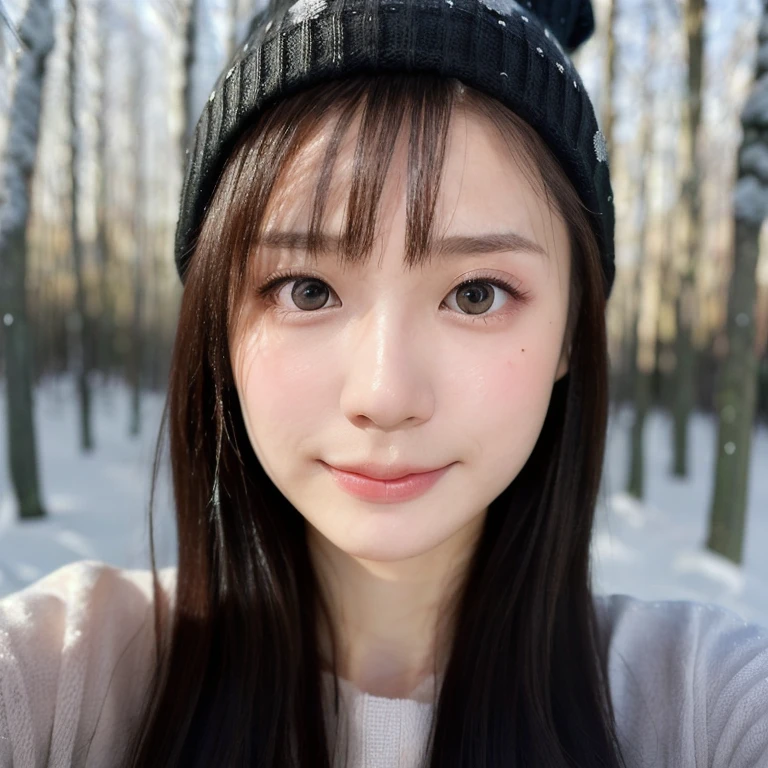 (kawaii 24 year-old Japanese girl, Nogizaka idol, Korean idol), (glossy black hair, short bob, even and symmetric hair design:1.3), (deep black eyes, rounded face, single eyelid, no makeup, soft smiling:1.2), (wearing longsleeved flannel shirt, knitted beanie:1.3), (extra small breasts:0.9), (looking at camera:1.2), BREAK, (snowy winter forest background:1.3), (dynamic angle, face focus:1.3), BREAK, (masterpiece, best quality, photo realistic, official art:1.4), (UHD, 8K quality wallpaper, high resolution, raw photo, golden ratio:1.3), (shiny skin), professional lighting, physically based rendering, award winning, (highly detailed skin, extremely detailed face and eyes), Carl Zeiss 85 mm F/1.4, depth of field, 1girl, solo,