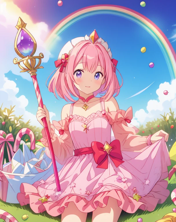 scepter, lots of candy, gumdrops, candycanes, a rainbow, candy, (a field of candy), 1girl, sugar queen, pink dress, a Sceptor of candy