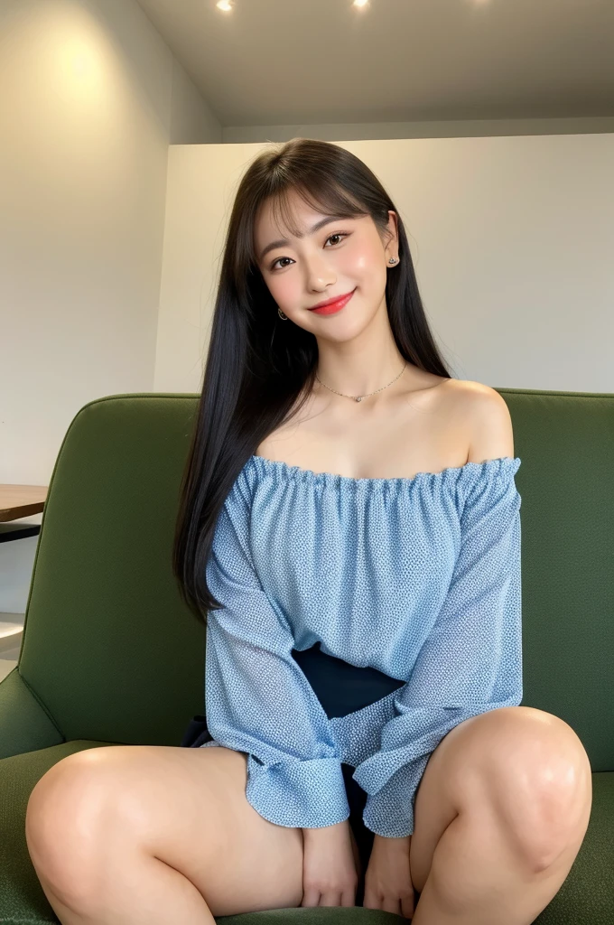 ,(tareme:1.4),kind eyes,huge breasts,(beautiful young japanese woman),straight hair,look at viewer,off-the -shoulder,blouse,short skirt,shiny skin,light make-up,fellatio gesture,sitting on sofa at cafe,24 years old,tender smile,laced undies,(spreading legs:1.3),no make-up,thick thighs,hands up