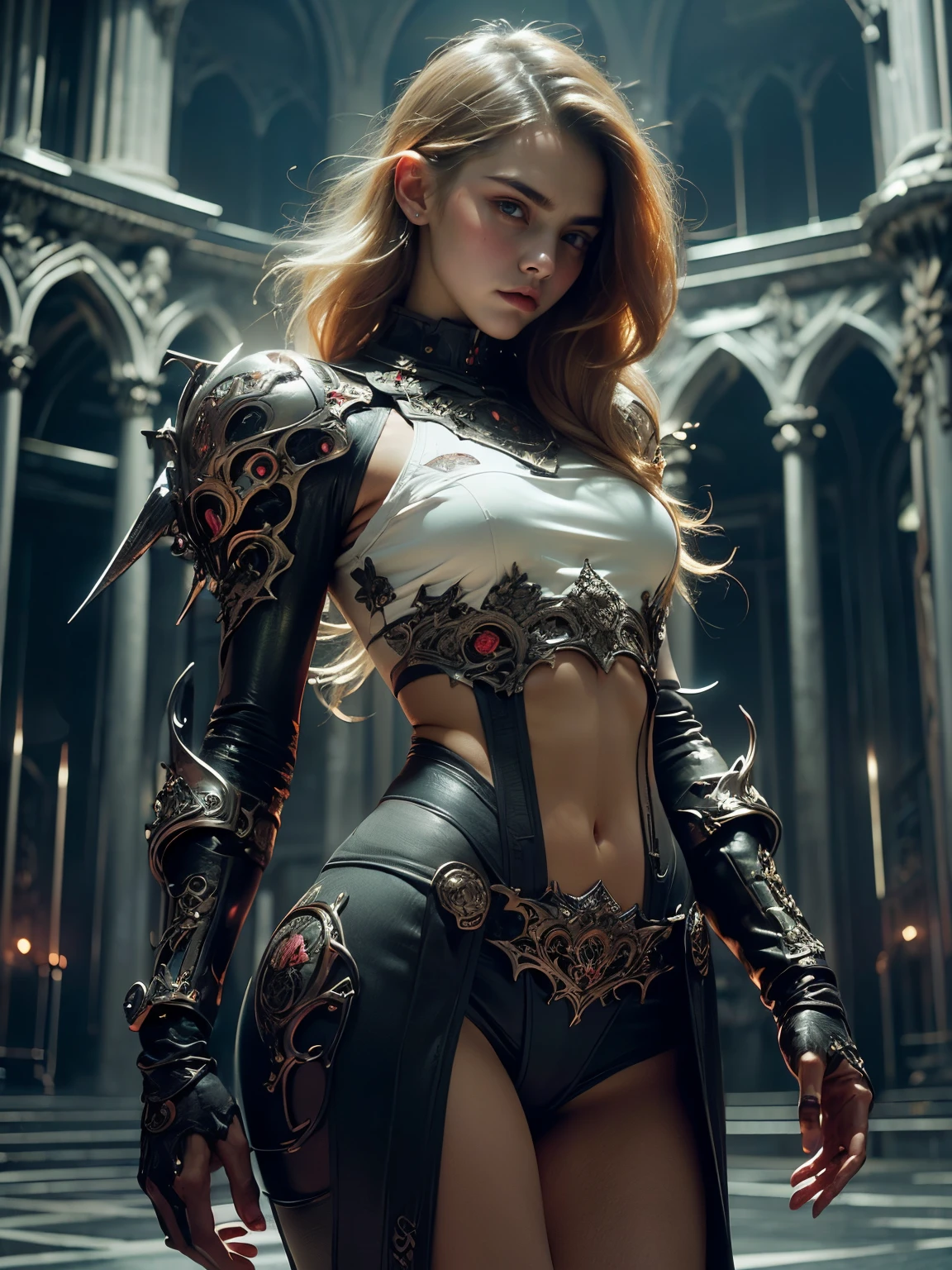 ((Space, Distant stars), (Fantastic image, 1 girl), (Other worlds, light of distant stars), (Dark cold colors mixed with warm shades). (Cara Delevingne: 1.25), (pure white skin: 1 ,25), (White skin girl, realistic detailed skin), (very beautiful vampire girl)).((gothic Face, gothic horror atmosphere, sinister gothic aesthetics), (gothic art style, creepy gothic portrait, dark fantasy, mixed with realism, gothic aesthetics)). ((She wears a sheer, translucent dress that accentuates her slender figure), (dressed in ornate medieval vampire armor), (dynamic pose), (perfect fingers: 1.24), (old: 1.5), (vampire body armor: 1.25), (graceful, strong, sophisticated figure: 1.5), (She is an angel descended into the underworld). and eyes, a real masterpiece, with an atmosphere of horror, gothic, blood, haunted cathedrals). (Dim lighting, dark surroundings - the creepy cinematic setting is great)). ((clear focus, volumetric fog near the floor, 8K, UHD, DSLR, high quality, grainy. photorealism, lomography, fantastic dark art, utopian reality)).