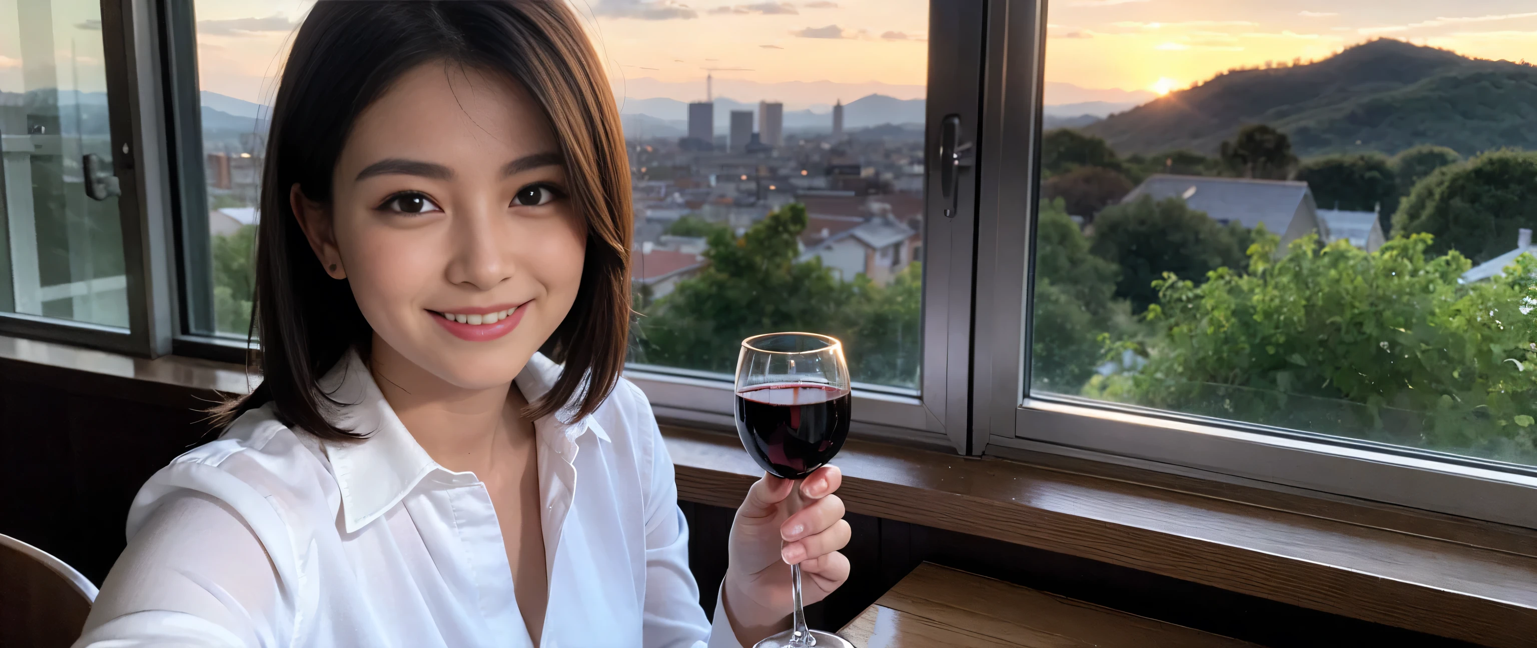 ((highest quality、8k、masterpiece:1.3))、Sharp focus:1.2、Beautiful woman perfect body:1.4、Female duo、Slim body、((Bob Hale、Straight hair:1.2))、(to be born, highest quality, masterpiece:1.5), (Realistic, Intricate details:1.2), Ultra-high resolution, Shine light on your face、Amazing view of the sunset sky and clouds、Amazing mountain views、A bright smile、wine glass、red wine 、Appetizers、Italian food、Wine bottle、Champagne、sparkling wine、, Beautiful Face, blue eyes, The light shines on your face, Blushing, short hair,Bright Face、Fox face、 (42 years old), 39 years old, Lady、Two beauties、Brown Hair、Shortcuts、Long sleeve shirt、dress、Pretty Woman 1, (Slim face), (The body is slim), (Brown Hair), (Shortcuts), cheeks turn a little red,Attractive beauty、, Out of the window, A beautiful and detailed night view unfolds.........., restaurant, In a prominent place (From the waist up) Nova Frog Style, actress, model, Upper Body, White wine, slim, wine glass, A wine glass placed in the middle, smile, (smile: 1.15), Beautiful fine grain, Depth f/2,saturation, High Contrast, Strong light and shadow,Moist Body:1.5、3D texture、Delicate eyes、Brown Hair、The hair is very shiny、