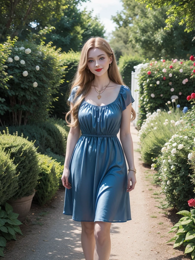 warm smile (red lips), golden long hair,blue eyes,blue dress,white stockings,jewelry necklace, pale girl, walking, in a garden full of roses
