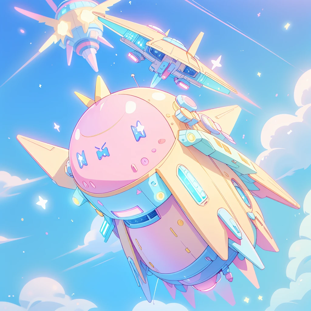 A futuristic flying star-shaped pastel-colored vehicle、❤、★、❤★❤🐇wing、Spaceship、kawaii tech,No people、rabbit