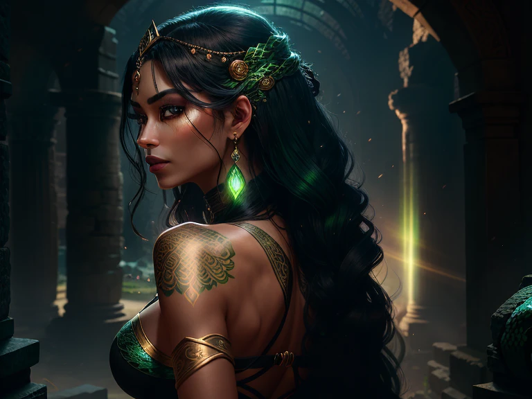 In this 4K 9:16 image, a stunningly beautiful Yuan-Ti Female with Copper skin and an arrogant demeanor stands proudly against a backdrop of ancient ruins. Her long, black hair cascades down her back, adorned with dark green highlights that contrast provocatively with her pale complexion. Her captivating snake eyes, with their hypnotic green pupils and forked irises, seem to gleam in the ethereal light, casting an air of mystery and allure around her.

The details of her Serpentine features are intricately rendered, from the delicate scales that adorn her arms and shimmer under the light,