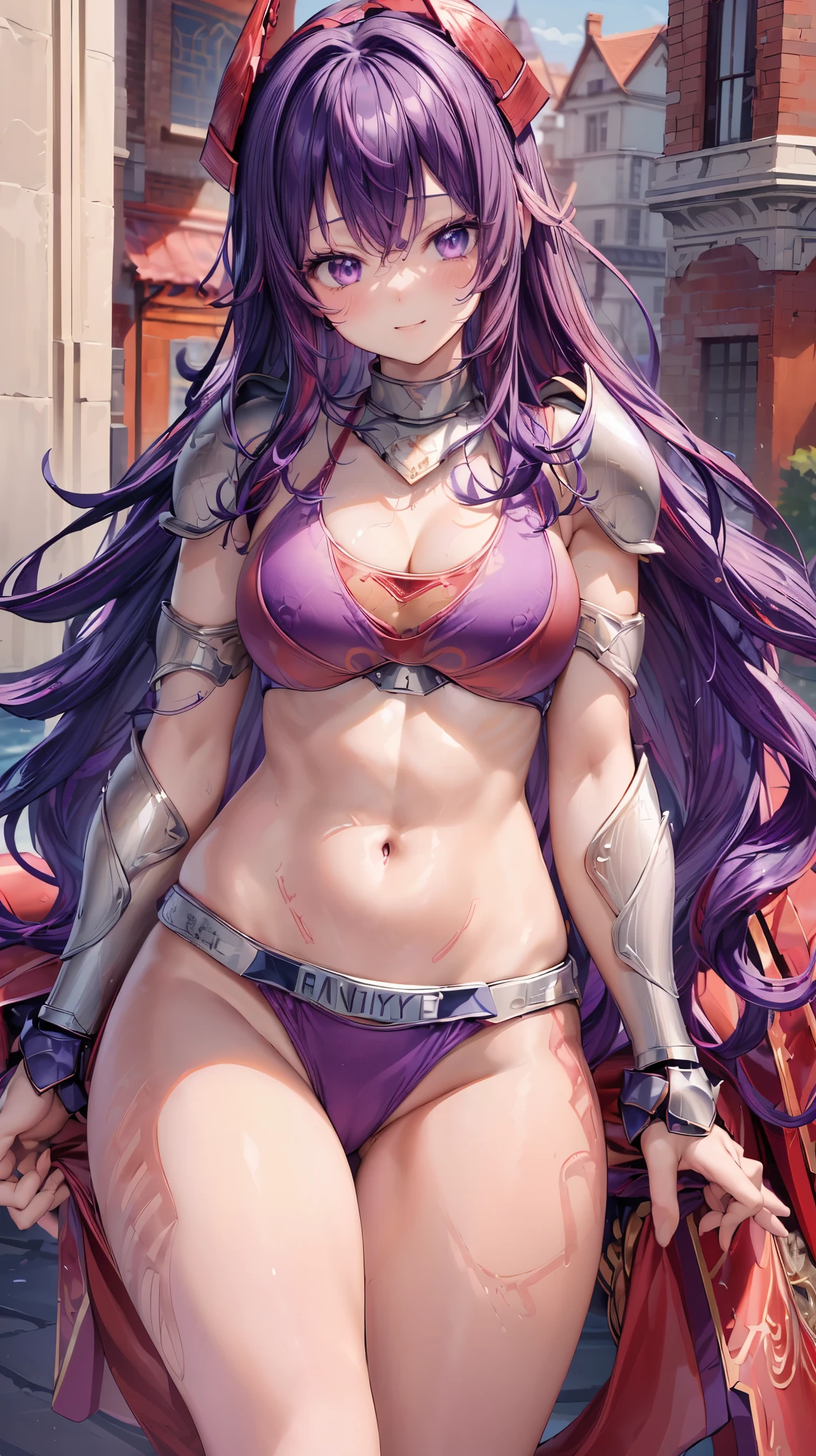 Very detailed、highest quality、Best image quality、masterpiece、8k、Anime Face、A kind smile、Open your mouth、Sparkling blue eyes、(Purple wavy hair:1.5)、、Muscles of the whole body、camisole、Thigh belt、mini skirt、(Wearing red bikini armor:1.5)、(Cowboy Shot:1.5)、(Leg armor:1.5)