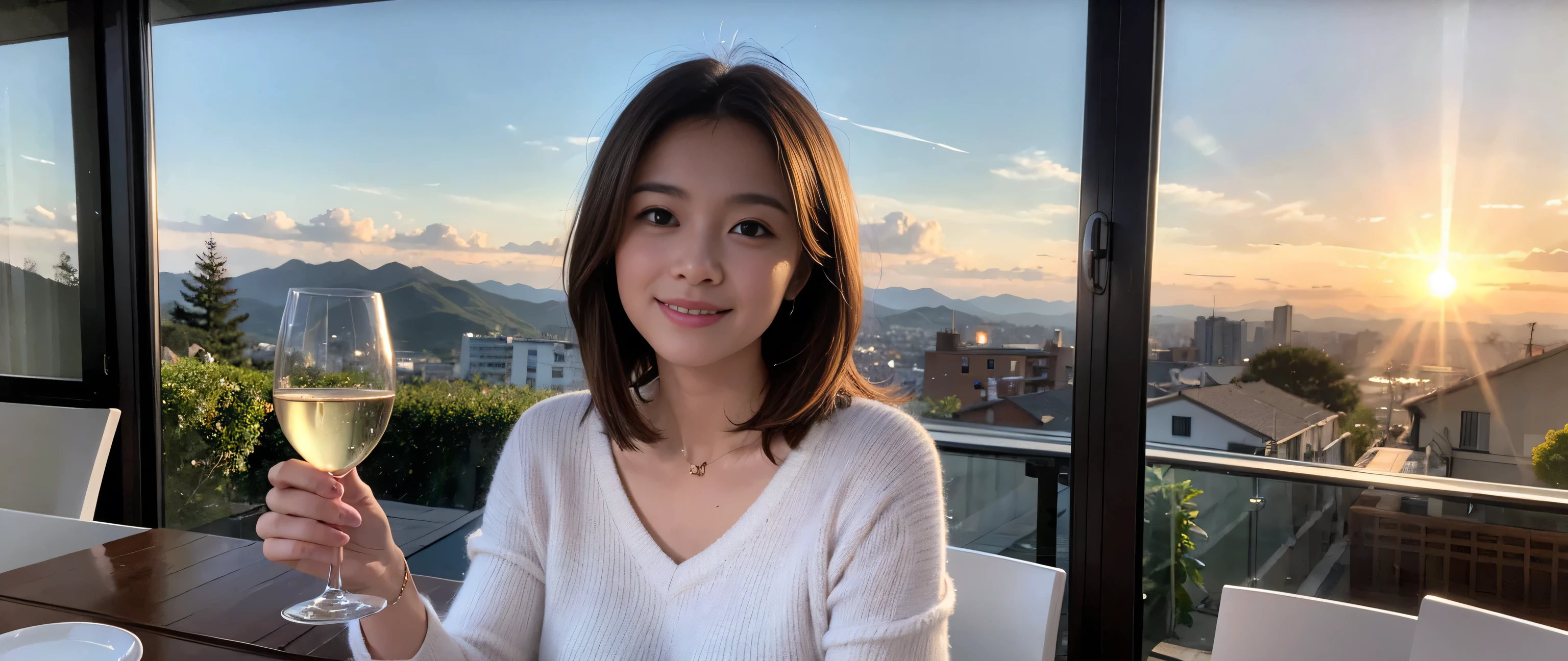 ((highest quality、8k、masterpiece:1.3))、Sharp focus:1.2、Beautiful woman perfect body:1.4、Female duo、Slim body、((Bob Hale、Straight hair:1.2))、(to be born, highest quality, masterpiece:1.5), (Realistic, Intricate details:1.2), Ultra-high resolution, Shine light on your face、Amazing view of the sunset sky and clouds、Amazing mountain views、A bright smile、wine glass、red wine 、Appetizers、Italian food、Wine bottle、Champagne、sparkling wine、, Beautiful Face, blue eyes, The light shines on your face, Blushing, short hair,Bright Face、Fox face、 (42 years old), 39 years old, Lady、Two beauties、Brown Hair、Shortcuts、Long sleeve shirt、dress、Pretty Woman 1, (Slim face), (The body is slim), (Brown Hair), (Shortcuts), cheeks turn a little red,Attractive beauty、, Out of the window, A beautiful and detailed night view unfolds.........., restaurant, In a prominent place (From the waist up) Nova Frog Style, actress, model, Upper Body, White wine, slim, wine glass, A wine glass placed in the middle, smile, (smile: 1.15), Beautiful fine grain, Depth f/2,saturation, High Contrast, Strong light and shadow,Moist Body:1.5、3D texture、Delicate eyes、Brown Hair、The hair is very shiny、