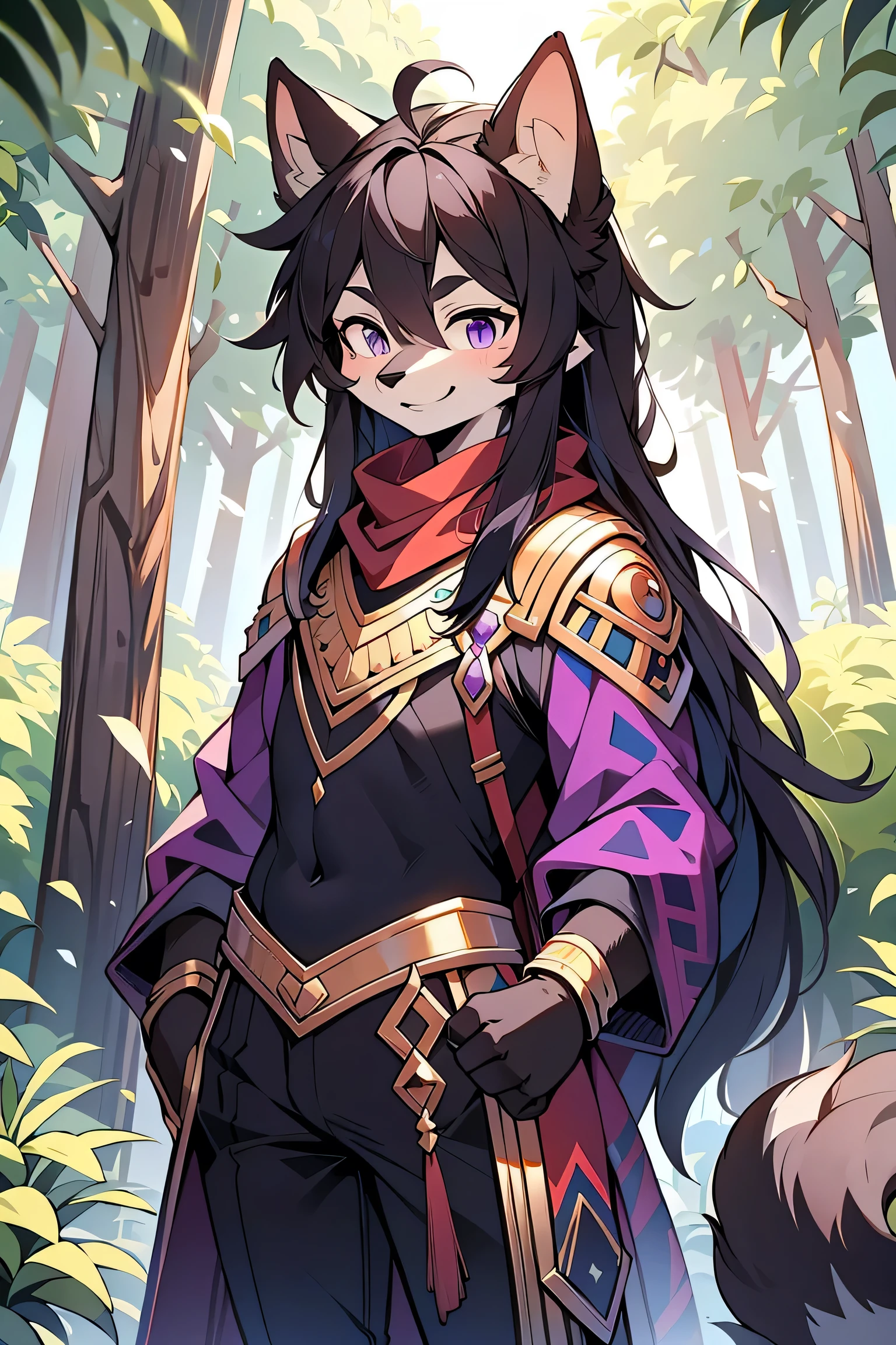 The male wolf is 180 cm tall，blue-purple eyes, , long black hair, end,  The upper body shows off a perfect figure，purple and gold clothing，with smile，two small ears，fair skin standing ，in the forest