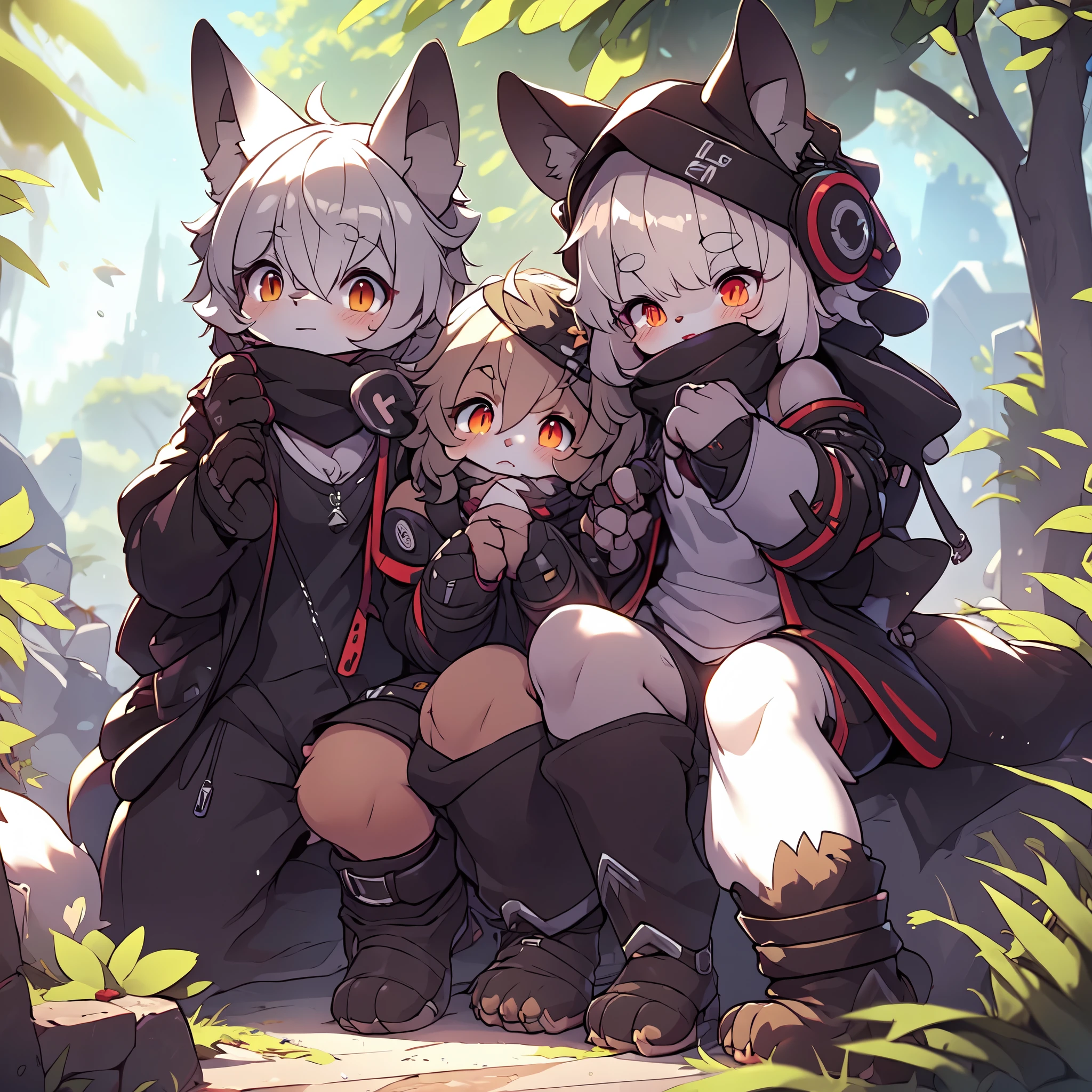 Kawaii, Striped Fluffy Fox, emaciated, long hair, 3girls, artificial synthetic skin, life support prosthetics, digital headphones, black tight latex bodysuit, white long dress, thigh-high-socks, shorts, loose off-the-shoulder hood open jacket, holsters in thigh, Mechanical boots, tactical knee pads, tactical belted loose Arm Sleeves, cybernetic Display gloves, chest rigs, tactical belts, blue archive halo, bulletproof goggles on forehead, from Ark nights, ray tracing, depth of field, bloom, masterpiece, ccurate, high details, highres