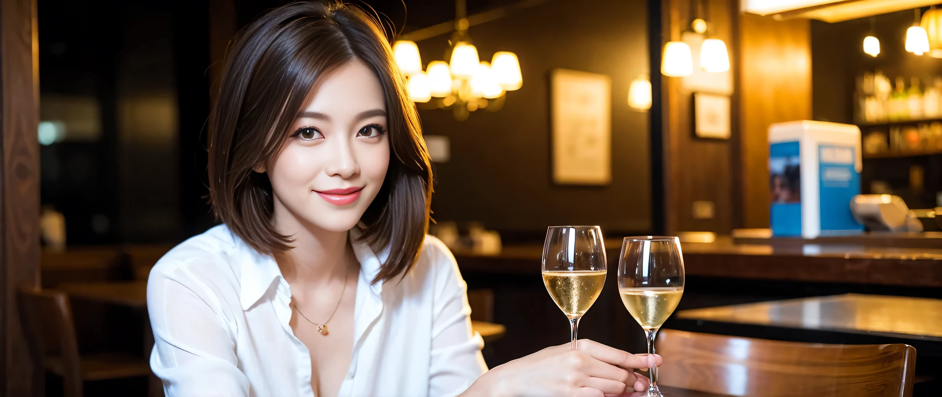 ((highest quality、8k、masterpiece:1.3))、Sharp focus:1.2、Beautiful woman perfect body:1.4、Female duo、Slim body、((Bob Hale、Straight hair:1.2))、(to be born, highest quality, masterpiece:1.5), (Realistic, Intricate details:1.2), Ultra-high resolution, Shine light on your face、Amazing view of the sunset sky and clouds、Amazing mountain views、A bright smile、wine glass、red wine 、Appetizers、Italian food、Wine bottle、Champagne、sparkling wine、, Beautiful Face, blue eyes, The light shines on your face, Blushing, short hair,Bright Face、Fox face、 (42 years old), 39 years old, Lady、Two beauties、Brown Hair、Shortcuts、Long sleeve shirt、dress、Pretty Woman 1, (Slim face), (The body is slim), (Brown Hair), (Shortcuts), cheeks turn a little red,Attractive beauty、, Out of the window, A beautiful and detailed night view unfolds.........., restaurant, In a prominent place (From the waist up) Nova Frog Style, actress, model, Upper Body, White wine, slim, wine glass, A wine glass placed in the middle, smile, (smile: 1.15), Beautiful fine grain, Depth f/2,saturation, High Contrast, Strong light and shadow,Moist Body:1.5、3D texture、Delicate eyes、Brown Hair、The hair is very shiny、
