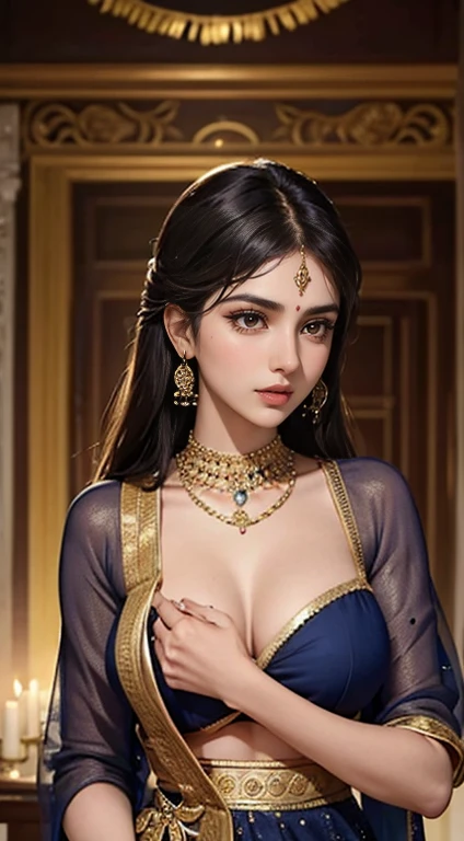 Rhea Chakraborty plays a beautiful 18-year-old woman, She is wearing a gorgeous navy blue ghagra and long blouse, Eye mascara, eye shadow, Long eyelashes, Gold Jewelry , Large Breasts, Stand in the palace, Upper Body, Front view, Big Plans, Pubic hair is visible and she's holding my hand