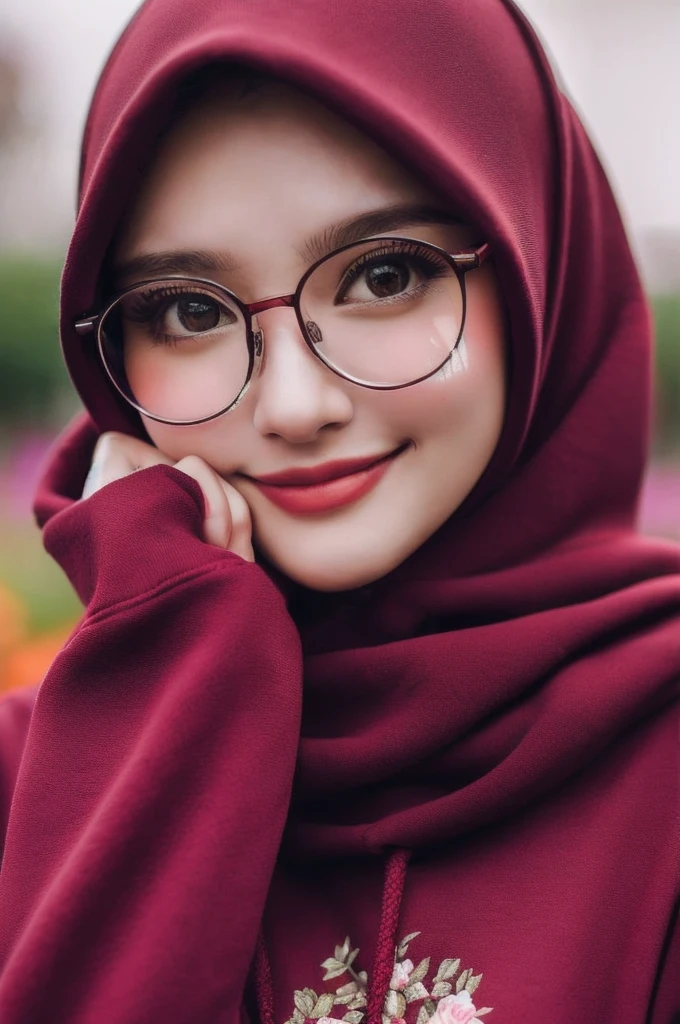 a close up of a woman wearing glasses and a red hoodie, with glasses, with square glasses, high quality portrait, cute beautiful, girl wearing round glasses, girl with glasses, clear cute face, spectacled, beautiful aesthetic face, cute woman, with cute doting eyes, thick round spectacles, cute round slanted eyes, very beautiful girl