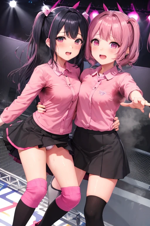 NSFW、8G、highest quality、Highest quality、Real、masterpiece、Mine system、(((Black and pink hair)))、((Knee socks))、(((Two Girls)))、Pink Shirt、Black Skirt、((Twin tails))、(((Idol Group)))、(((stage)))、(((concert)))、No underwear、No bra、(((Sweat)))、(((Body odor)))