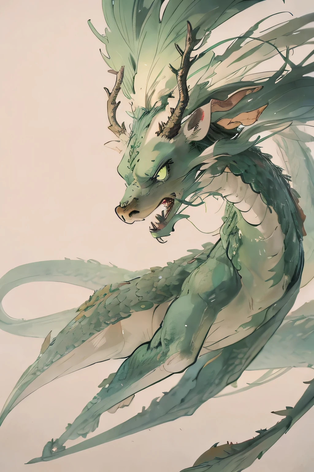 Draw a green dragon，The head looks like a deer