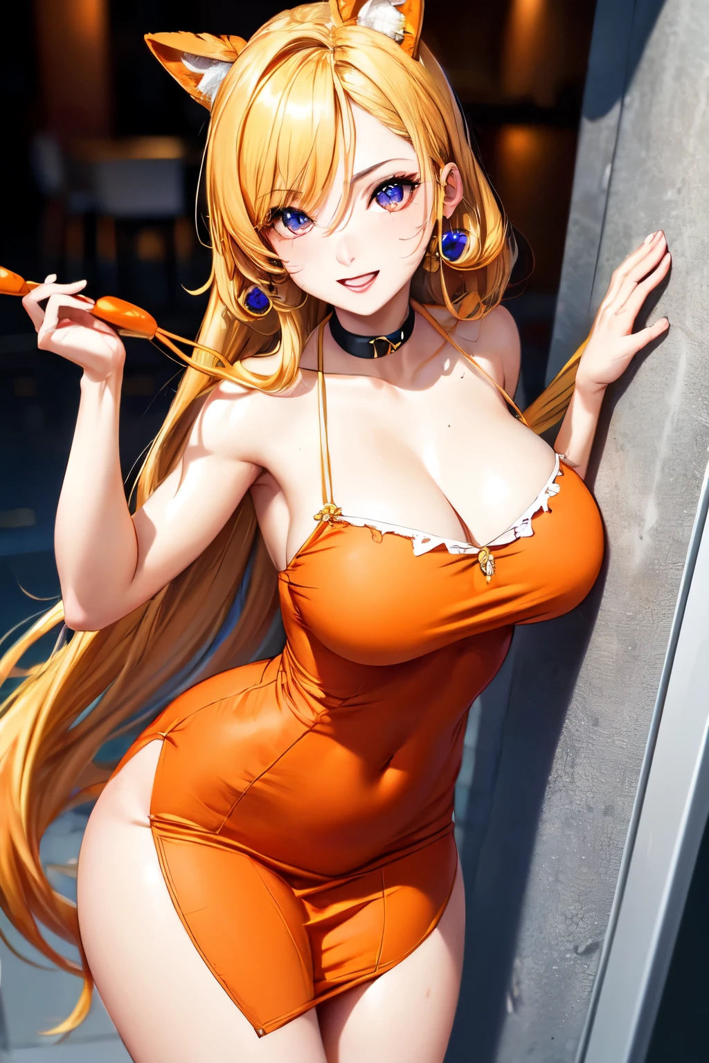  chica, ((pelinaranja)) (cabello largo)) ((ojos naranjos)) ((vestido corto))
  pechos extremadamente grandes ((mujer adulta))