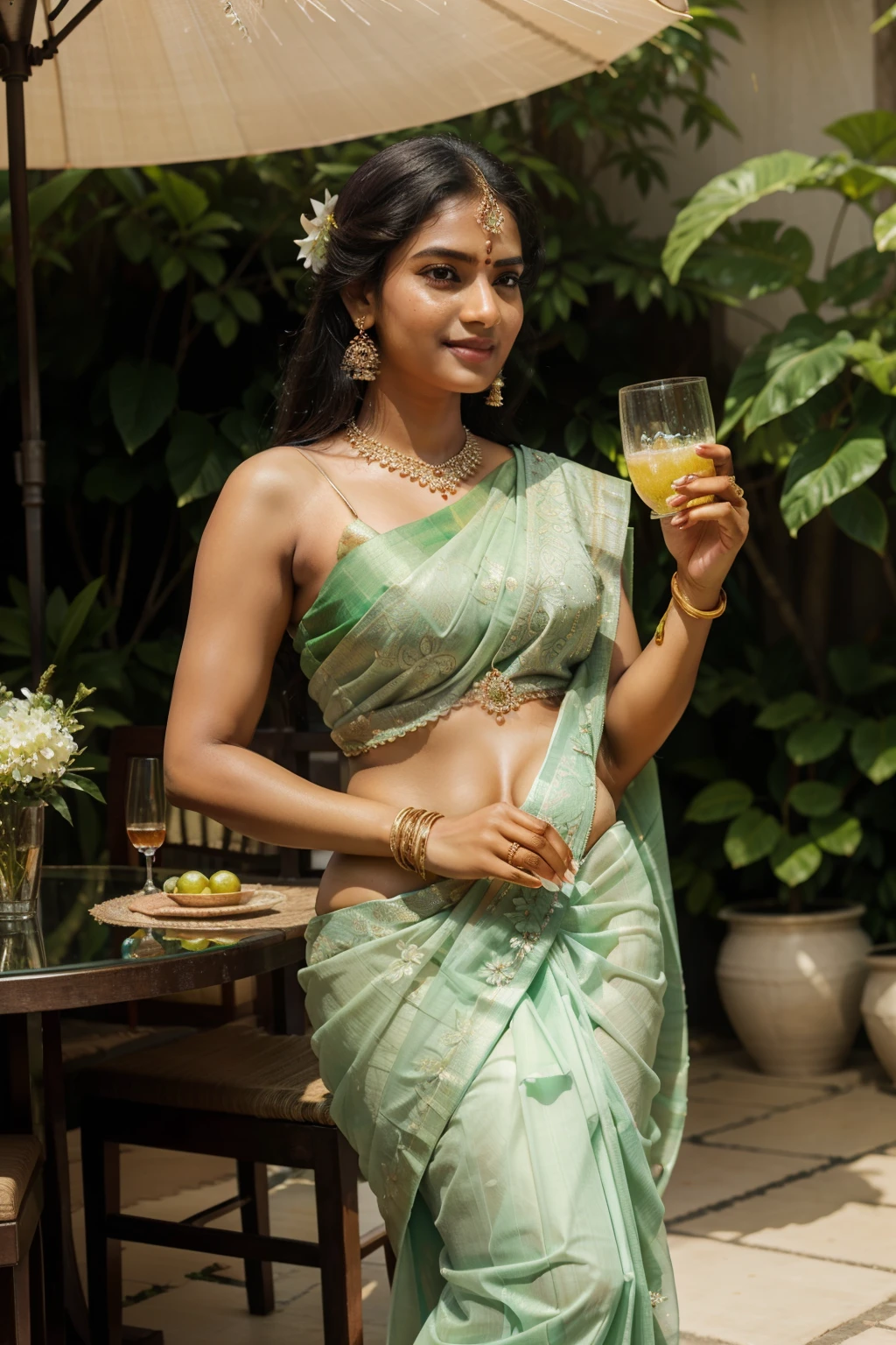 (Best quality, Ultra-detailed: 1.1), South Indian woman, 30s, saree-clad, holding a glass of fresh juice, graceful pose, traditional beauty, expressive face, delicate features, smoothened skin texture, natural makeup, glowing complexion, vibrant colors of the saree, sunlit surroundings, serene atmosphere, detailed jewelry, finger rings, bangles, jasmine flowers in her hair, steel tumbler with frosted condensation on the glass, joyful expression, reflective eyes, intricate saree pleats, lush greenery and blooming flowers in the background, rainbow umbrellas overhead