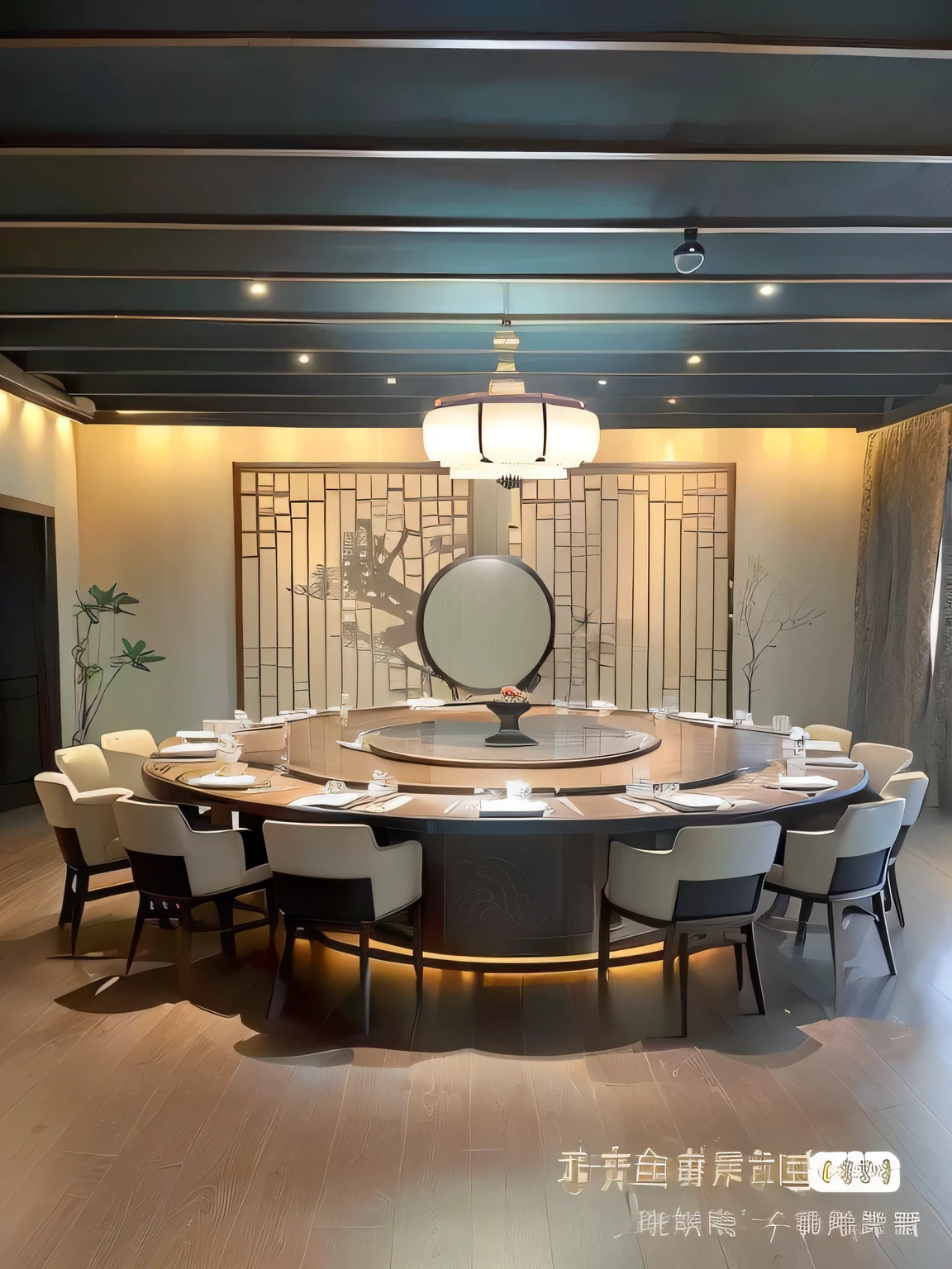 There is a large round table，There are chairs around, Simple private room with Chinese elements，Wooden floor，There is a flying crane decorative screen on the background wall，The whole environment is warm, comfortable, high-end and simple