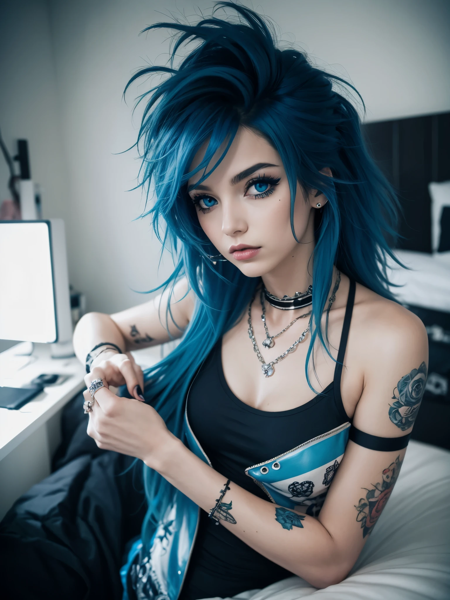 A (((full-body))) picture of an ethereally beautiful 1 girl. miku outfit,sleeveless shirt, grey shirt, detached sleeves, necktie, arm tattoo, skirt, thighhighs, thigh boots, masterpiece, best quality, 8k, Detailed skin texture, Detailed fabric texture, beautifull detailed face, intricate details, Super detailed, Portrait of Rei Ayanami, blue hair, blue eyes, wear glasses,head tilt,(masterpiece,Best quality,high resolution),Color Background,Acrylic paint,((Splash of Color,Ink splatter,Splash of Color)),Sweet Chinese girl,Thin waist,Navel,Huge ,Short curly hair,Straight Hair,White hair,Black Hair,Colorful Hair,Eyeliner,Glowing red eyes, Red X pupil,,flash,Peach Lips,White shirt,front,Upper Body. Her eyes are a striking blue, and she is wearing ((heavy black eye makeup)). She has a very slim body with long thin legs and large round breasts. She is wearing a tight white crop top, a very short black miniskirt, and black boots. She is sitting in a provocative pose that shows off her legs, and her (((whole body from head to toe))) is shown in the photo.