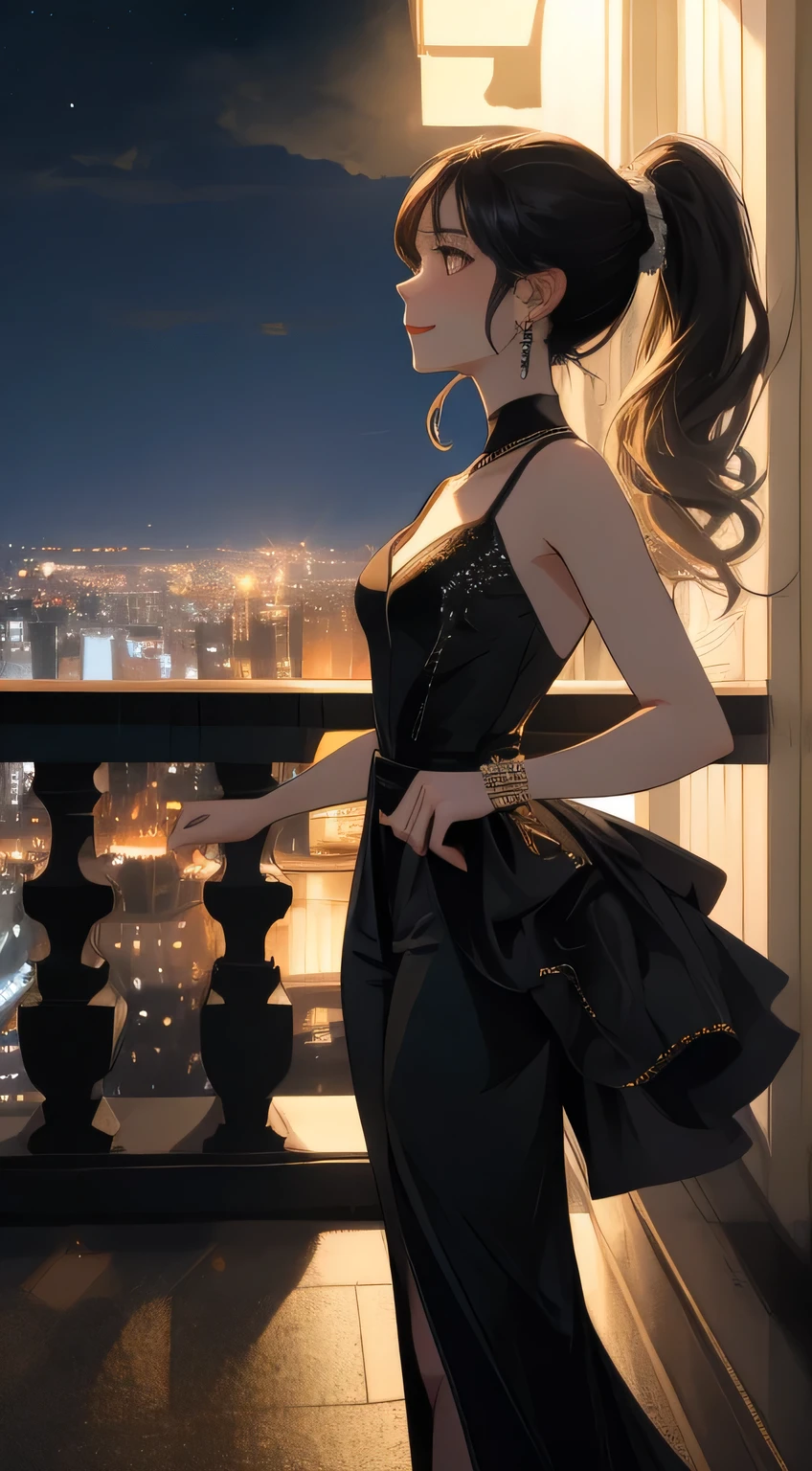 masterpiece,highest quality,Small face,Natural smile,Looking up,Beautiful Face,Exposed shoulders,Foot exposure,Black Hair,Slim figure,Brown eyes,Crisp contrast,Exquisite illustrations,Fantastic night view,river view,High Contrast,Dazzling Light,Ponytail Hair,Black outfit,Sexy stylish outfit,Enchanted Witch,Beautiful ponytail,photograph,High resolution,4K,8k,Bokeh,