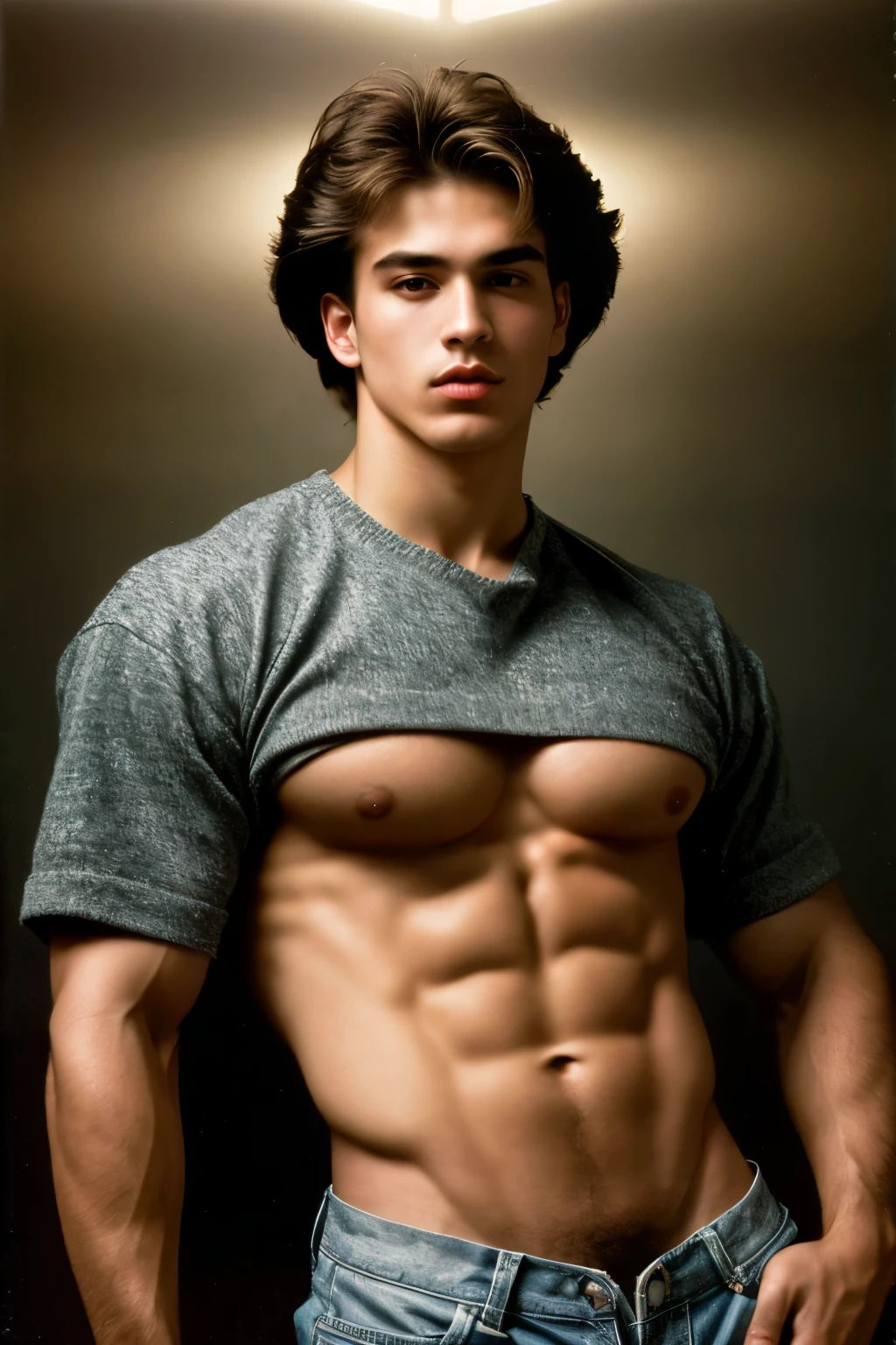 (best quality,ultra-detailed,high resolution,masterpiece:1.2),detailed portrait of a man with extraordinary physique,(realistic,photo-realistic:1.37),epic scene,dark aeshtetic,Japanese artist Rumiko's interpretation of 90s and 80s retro style,fine brushwork,evocative atmosphere,moody lighting,strong contrast, vivid colors,multiple focus points,impeccable attention to facial features and musculature,seamless blending of traditional and contemporary influences,expressive eyes and lips,captivating gaze,impressive body proportions,intricately crafted clothing inspired by the 90s and 80s fashion,confident and charismatic posture,memorable and nostalgic flair.