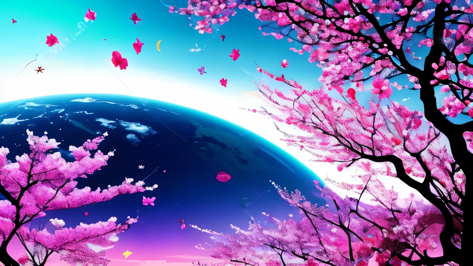 The infinitely expanding universe、Cherry blossom petals are falling。Random rise、In the foreground there is a large cherry tree in full bloom.、Its petals are scattered across space。A blue planet where you can see the Earth、The red and purple nebulae create a mysterious worldview.。