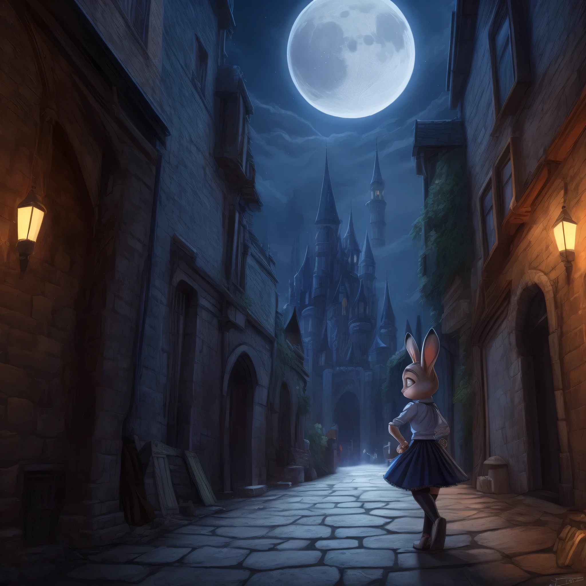 Judy Hopps, alice in the wonderland, stockings, black skirt, black shirt, alleyway, castle on the background, night, moon