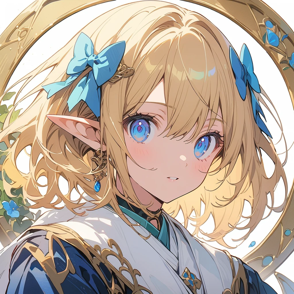 logo mark of elf girl side face, blue eyes, long blonde, circle frame ivy, art nouveau, text "ELF"、(highest quality、masterpiece、High resolution、detailed)、animeスタイル、Flat Style、(eyes shining iridescent colors illuminated light,detailed美しい顔), BREAK,Dynamic Angle、extremely detailed、anime