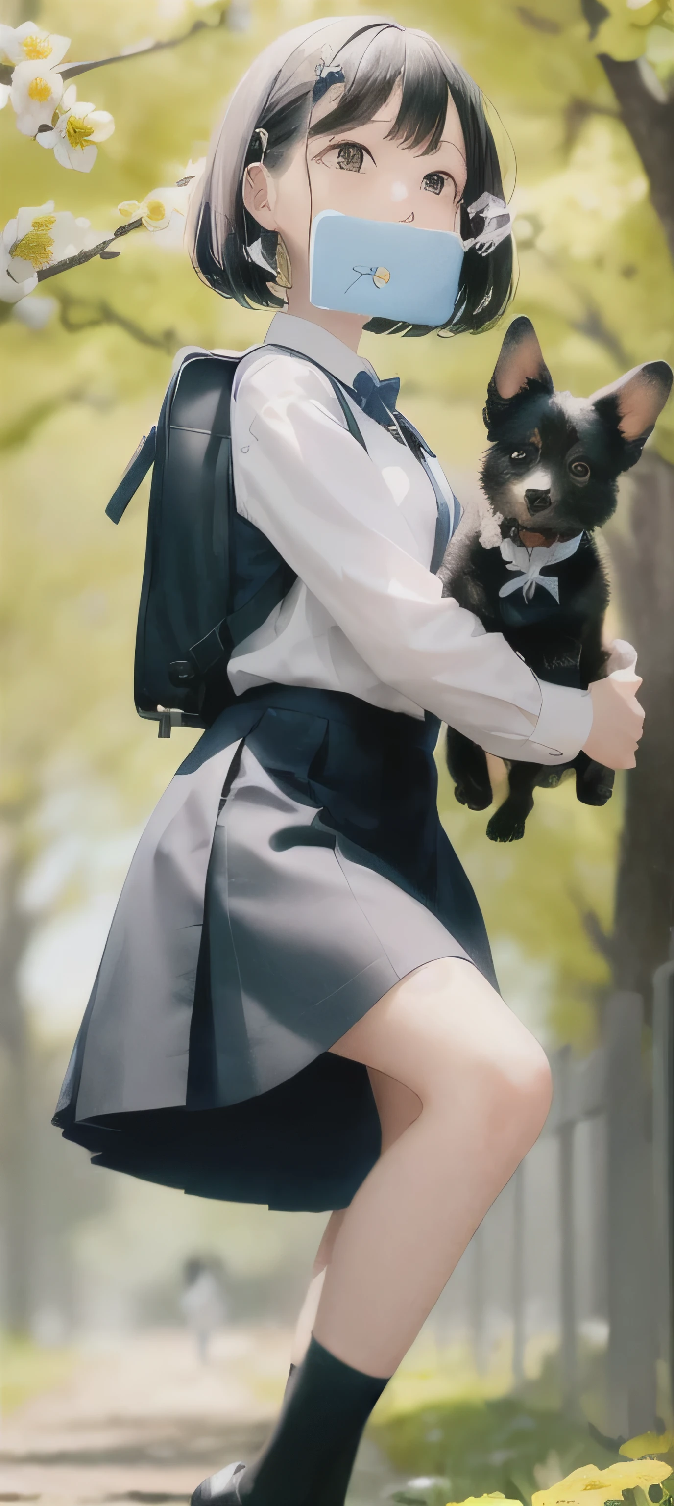 An incredibly charming carrying a backpack, wearing a school dress white shirt and a dark blue skirt black socks and black shoes accompanied by her adorable puppy, enjoying a lovely spring outing surrounded by beautiful yellow flowers and natural scenery. The illustration is in high definition at 4k resolution, with highly-detailed facial features and cartoon-style visuals, (Butterfly Dance)