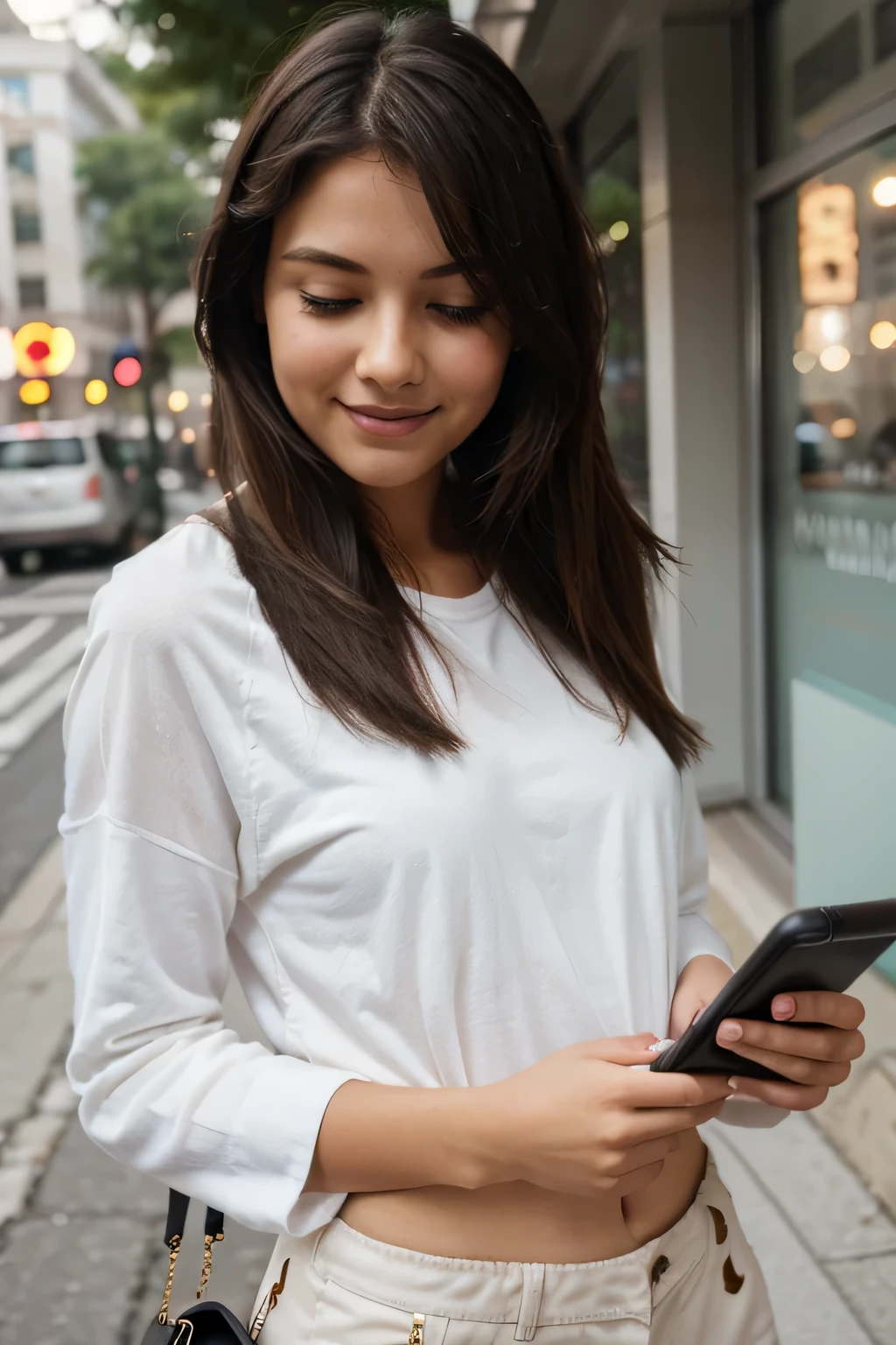 girl looking at her cell phone happy